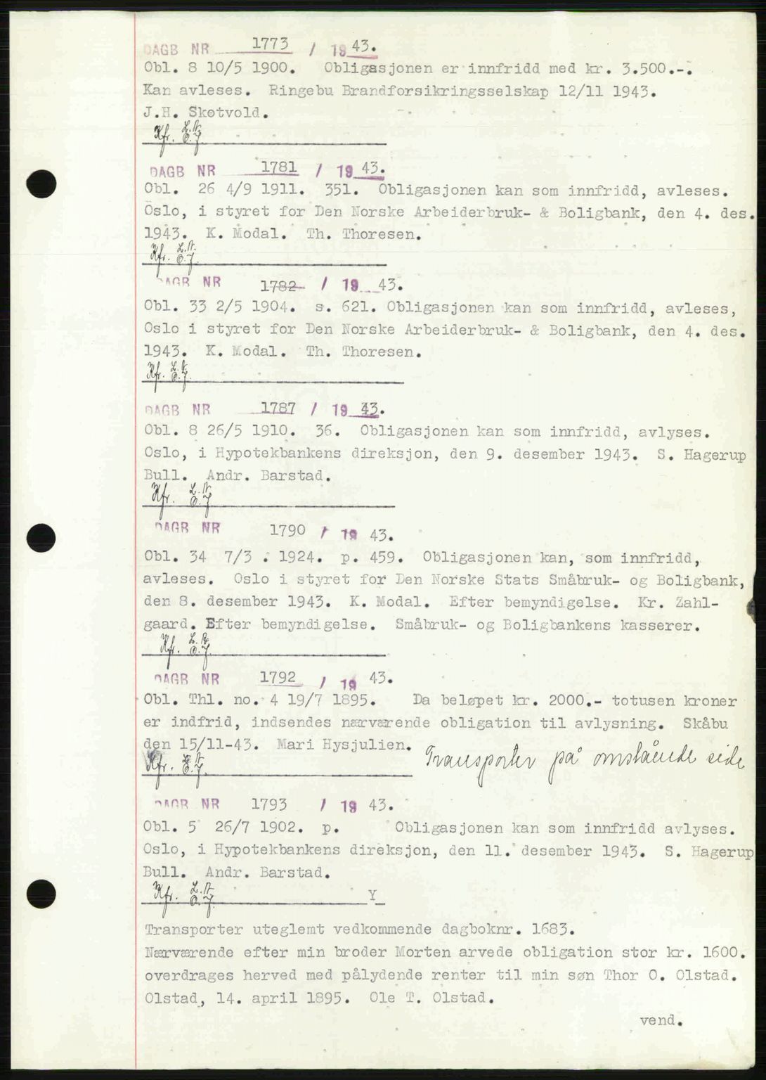 Sør-Gudbrandsdal tingrett, SAH/TING-004/H/Hb/Hbf/L0002: Mortgage book no. C1, 1938-1951, Diary no: : 1773/1943