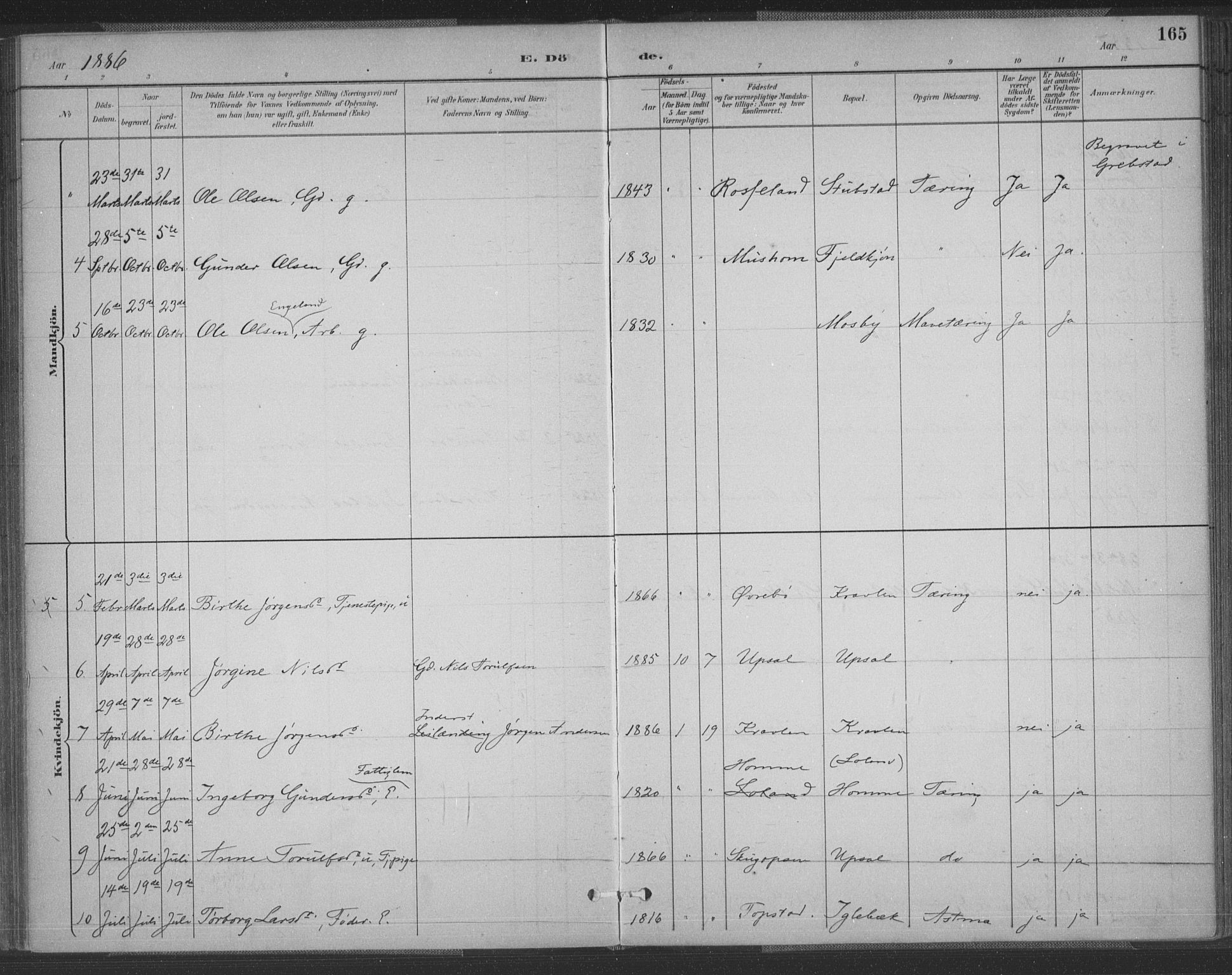 Vennesla sokneprestkontor, SAK/1111-0045/Fa/Fac/L0009: Parish register (official) no. A 9, 1884-1901, p. 165