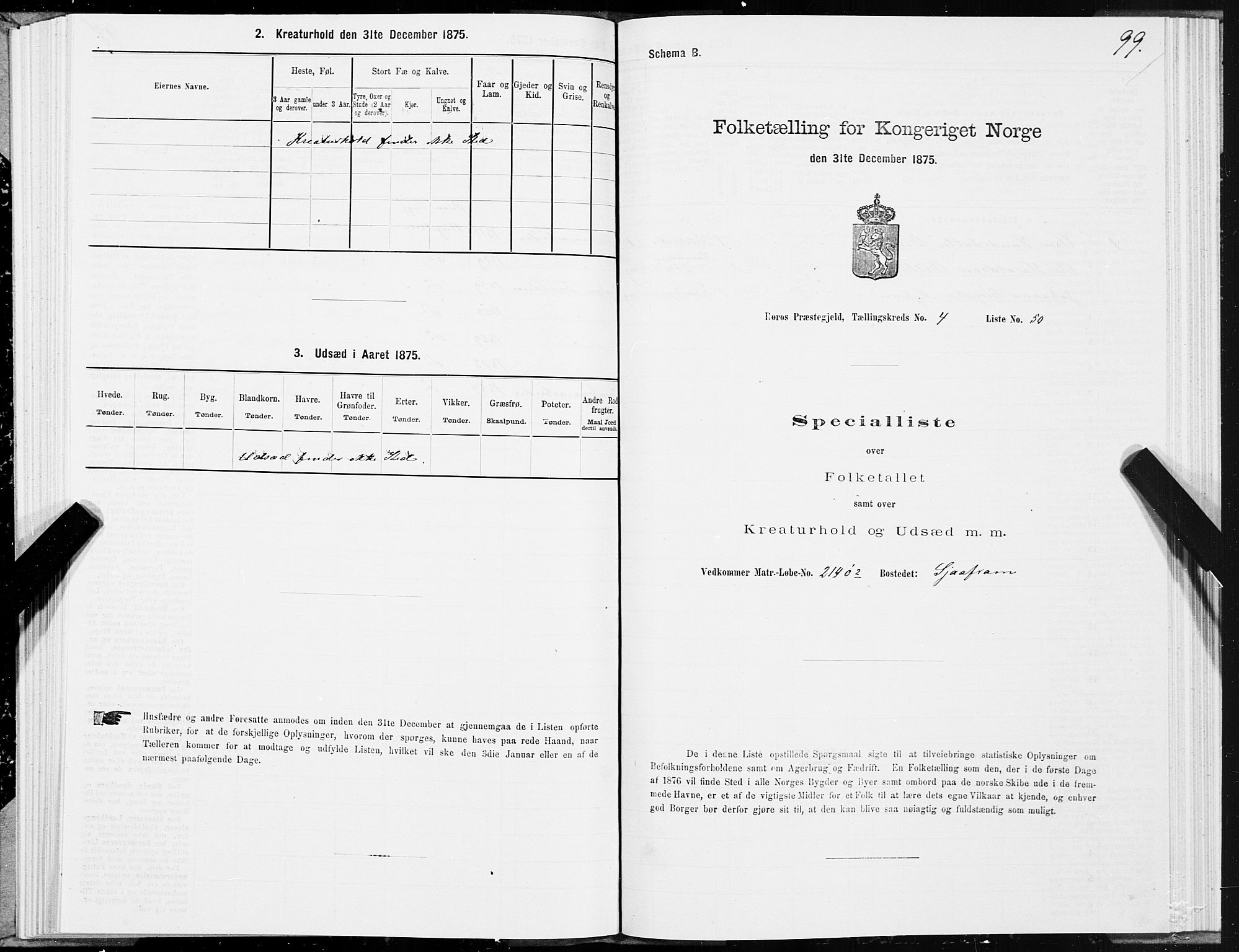 SAT, 1875 census for 1640P Røros, 1875, p. 3099