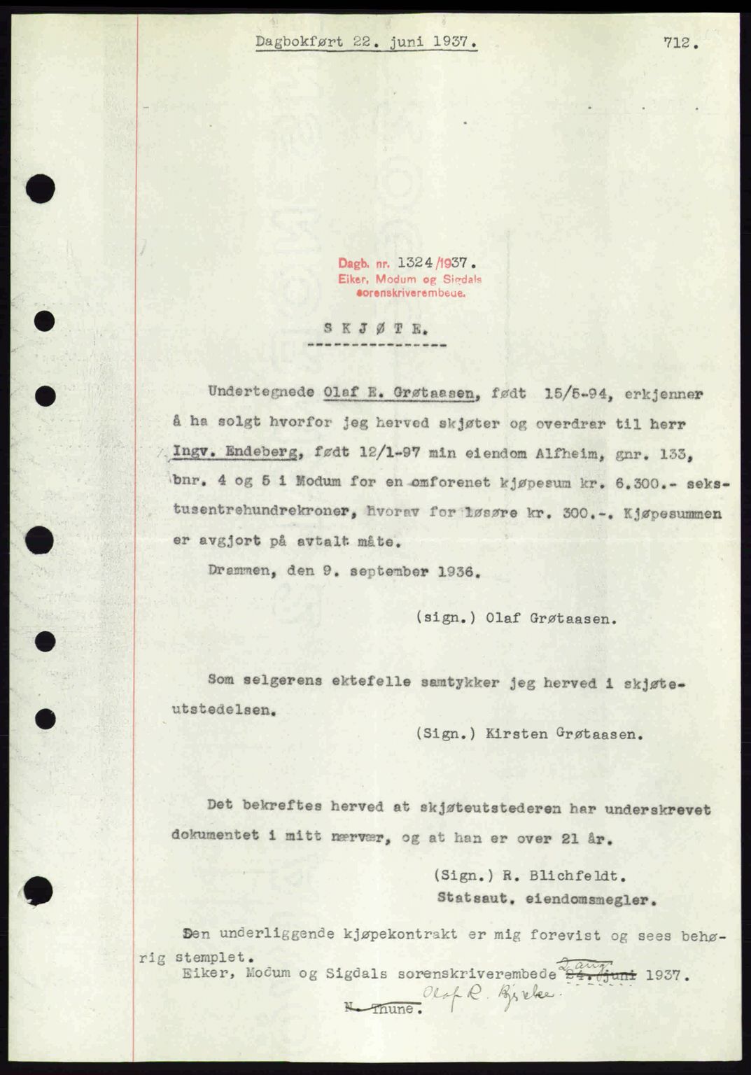 Eiker, Modum og Sigdal sorenskriveri, SAKO/A-123/G/Ga/Gab/L0035: Mortgage book no. A5, 1937-1937, Diary no: : 1324/1937