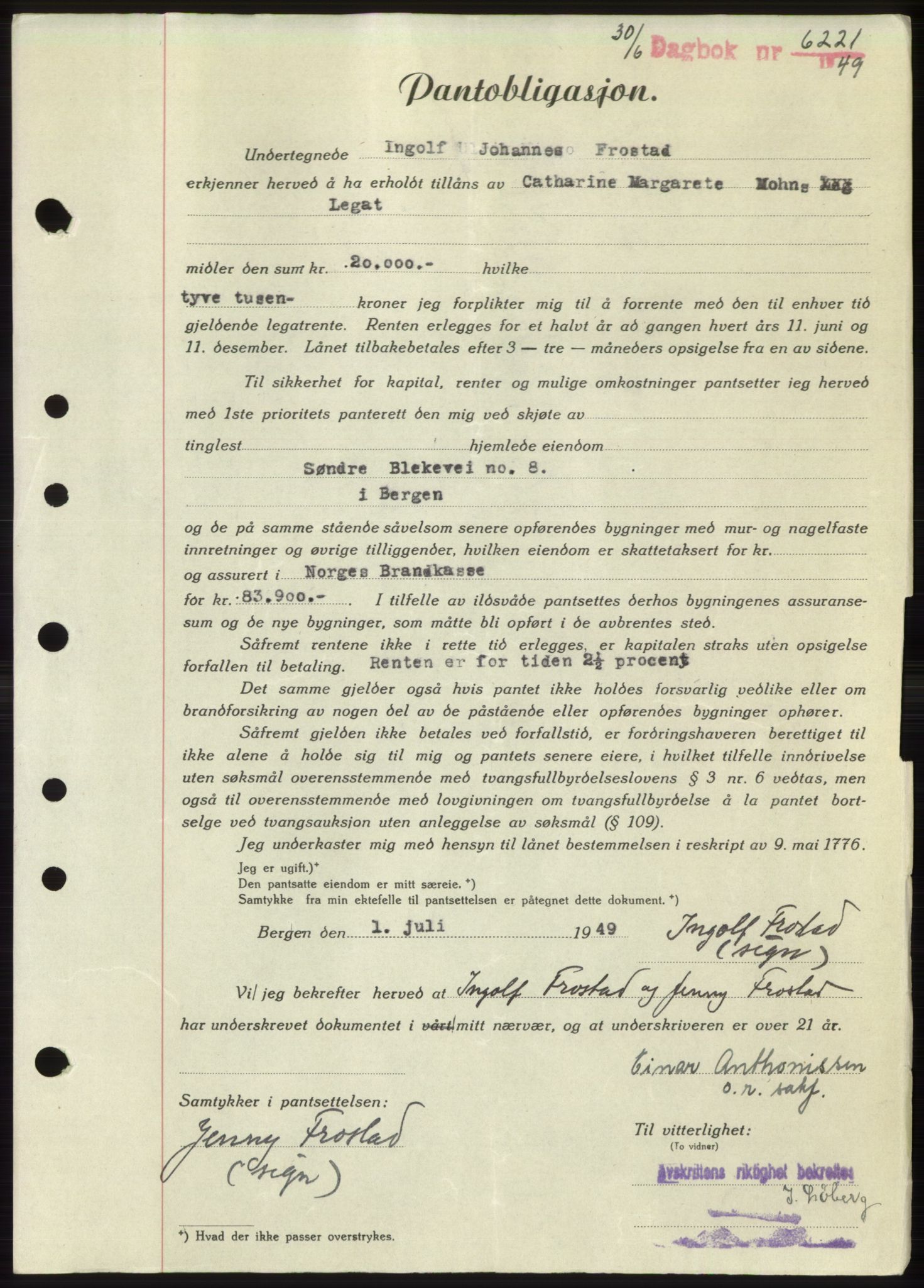 Byfogd og Byskriver i Bergen, AV/SAB-A-3401/03/03Bd/L0003: Mortgage book no. B29-39, 1947-1950, Diary no: : 6221/1949