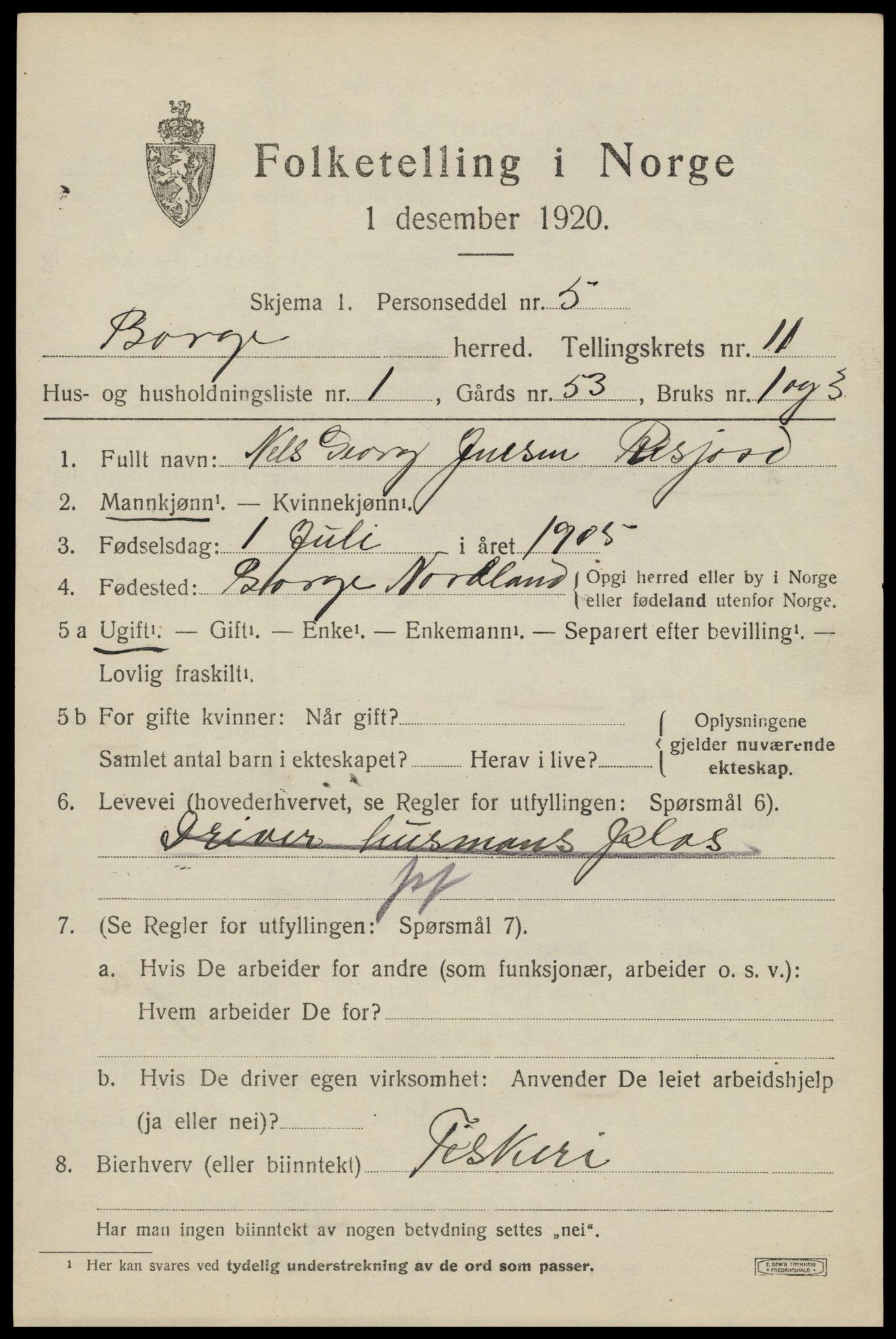 SAT, 1920 census for Borge, 1920, p. 9427