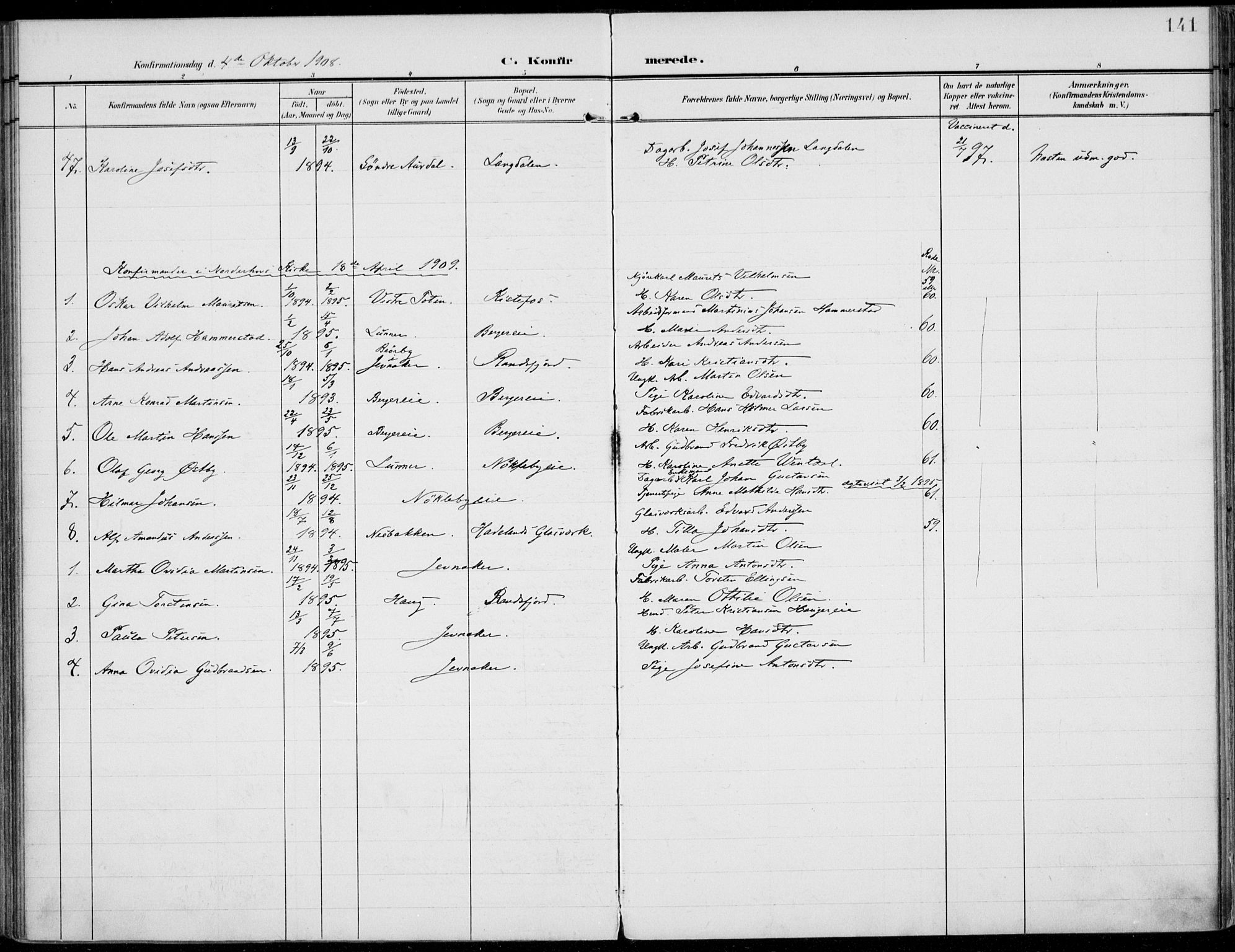 Jevnaker prestekontor, AV/SAH-PREST-116/H/Ha/Haa/L0011: Parish register (official) no. 11, 1902-1913, p. 141