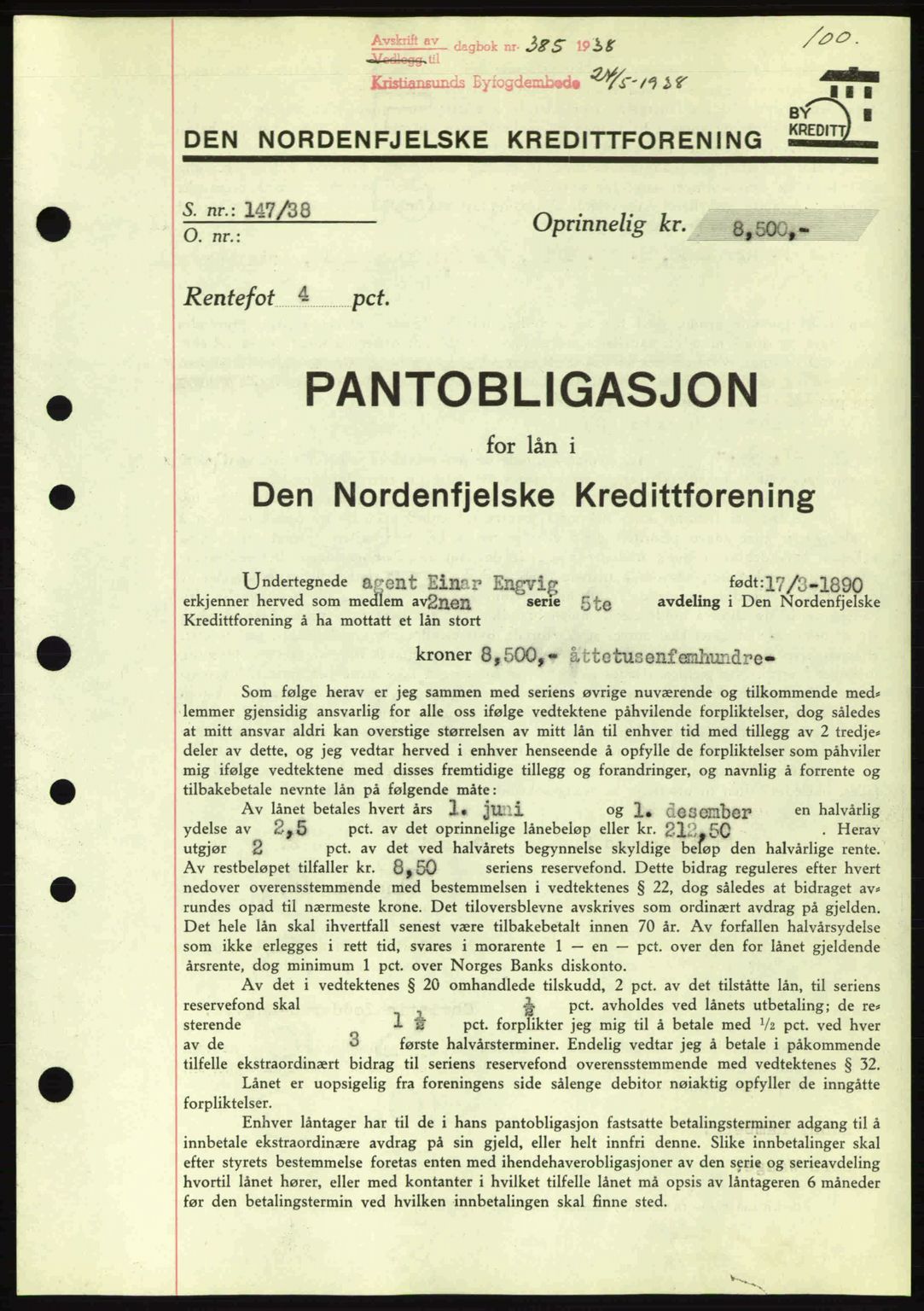 Kristiansund byfogd, SAT/A-4587/A/27: Mortgage book no. 31, 1938-1939, Diary no: : 385/1938