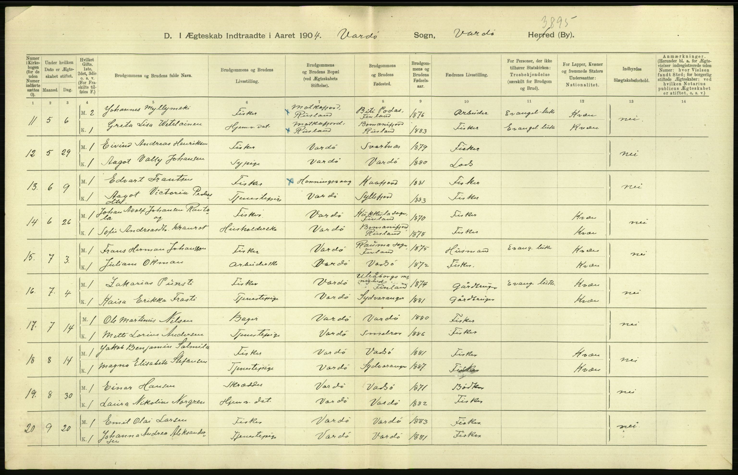 Statistisk sentralbyrå, Sosiodemografiske emner, Befolkning, AV/RA-S-2228/D/Df/Dfa/Dfab/L0023: Finnmarkens amt: Fødte, gifte, døde, 1904, p. 212