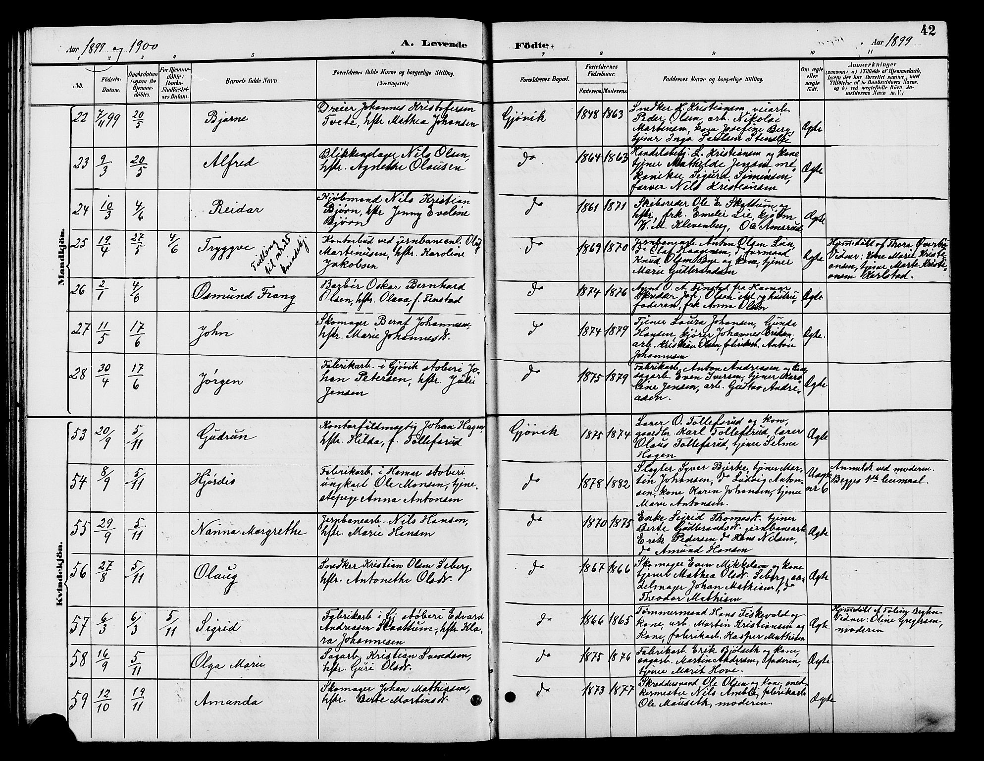 Vardal prestekontor, AV/SAH-PREST-100/H/Ha/Hab/L0009: Parish register (copy) no. 9, 1894-1902, p. 42