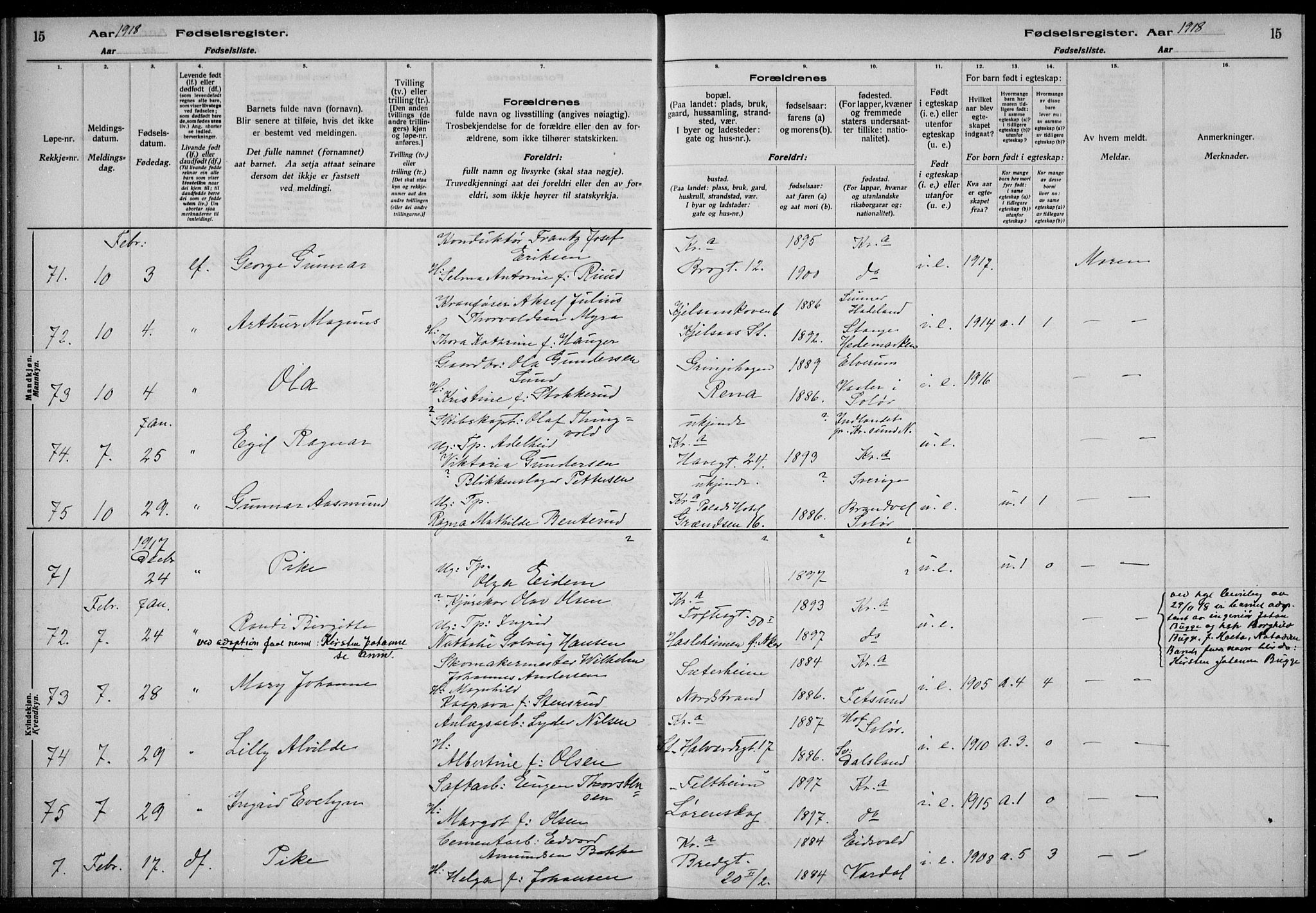 Rikshospitalet prestekontor Kirkebøker, AV/SAO-A-10309b/J/L0003: Birth register no. 3, 1918-1918, p. 15