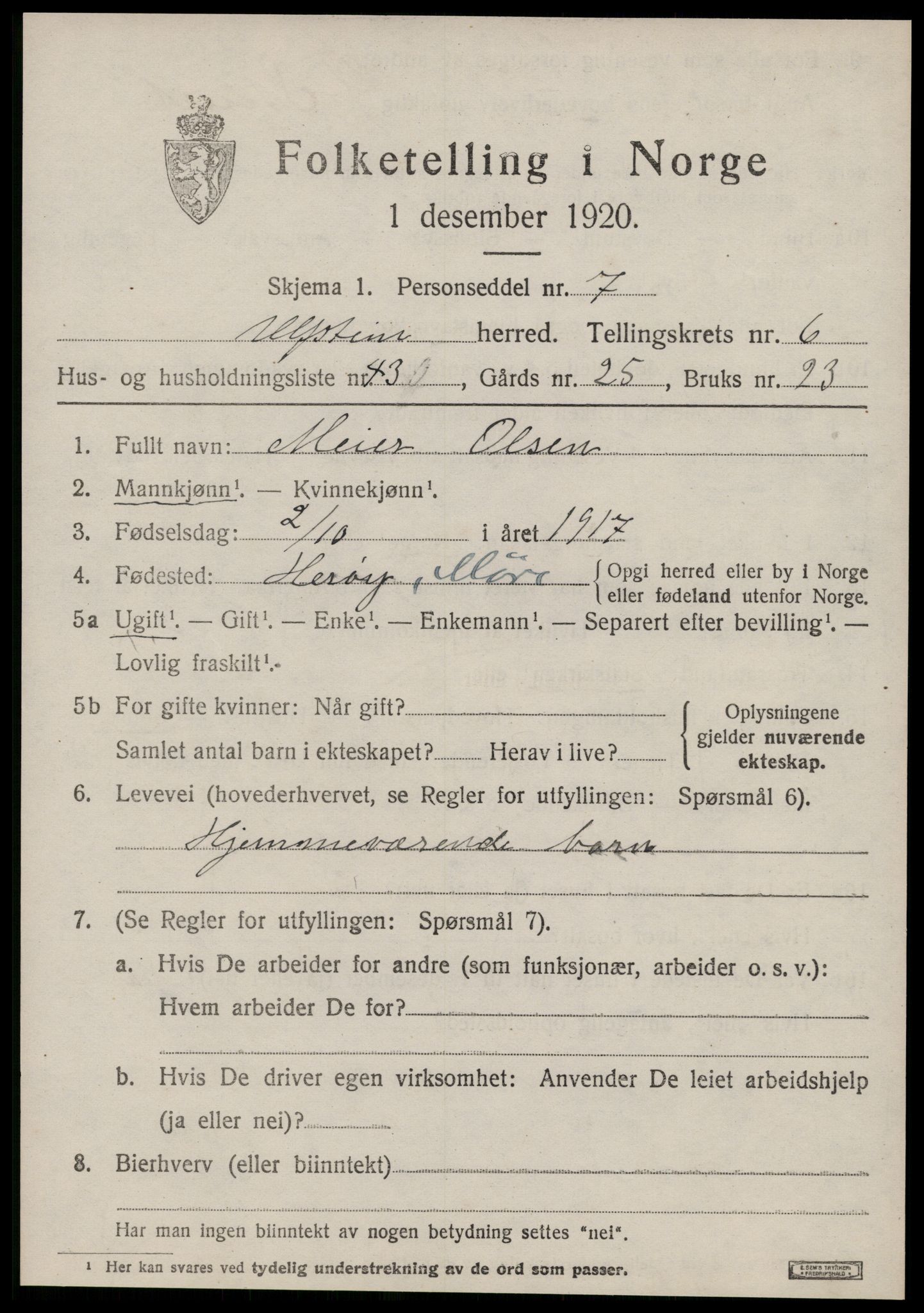 SAT, 1920 census for Ulstein, 1920, p. 3790