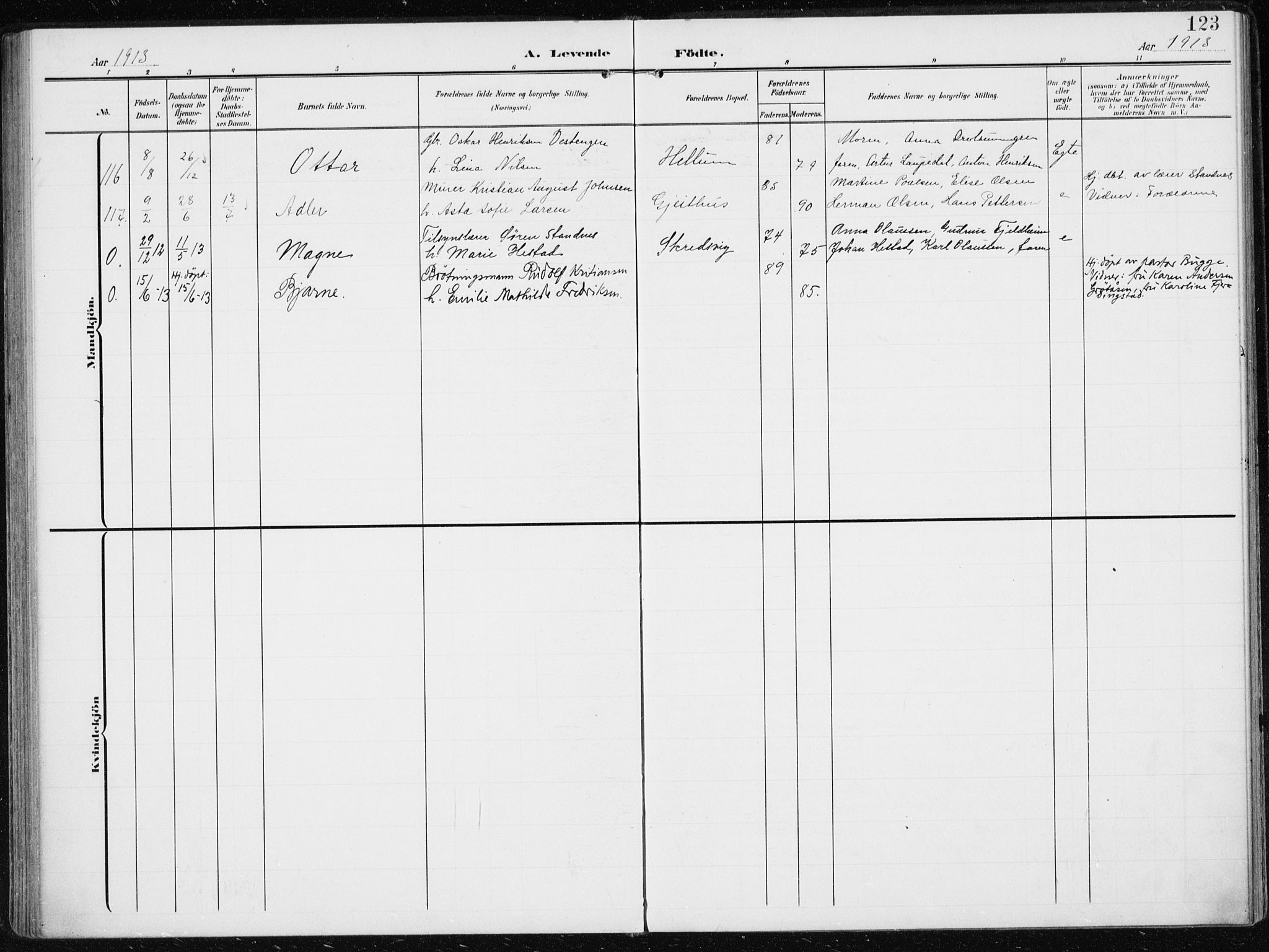 Modum kirkebøker, AV/SAKO-A-234/F/Fa/L0014a: Parish register (official) no. 14A, 1906-1918, p. 123