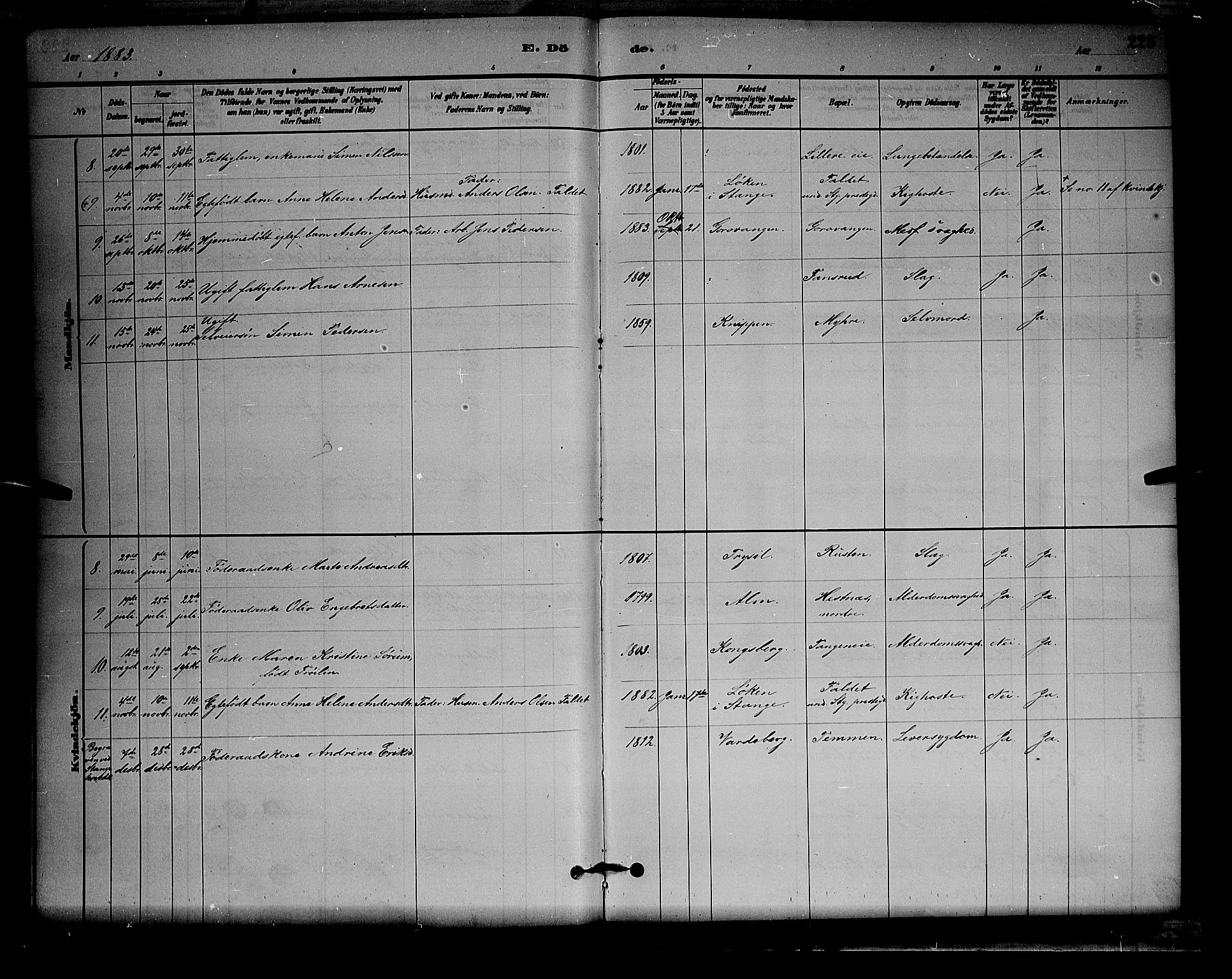 Stange prestekontor, AV/SAH-PREST-002/L/L0008: Parish register (copy) no. 8, 1882-1895, p. 223