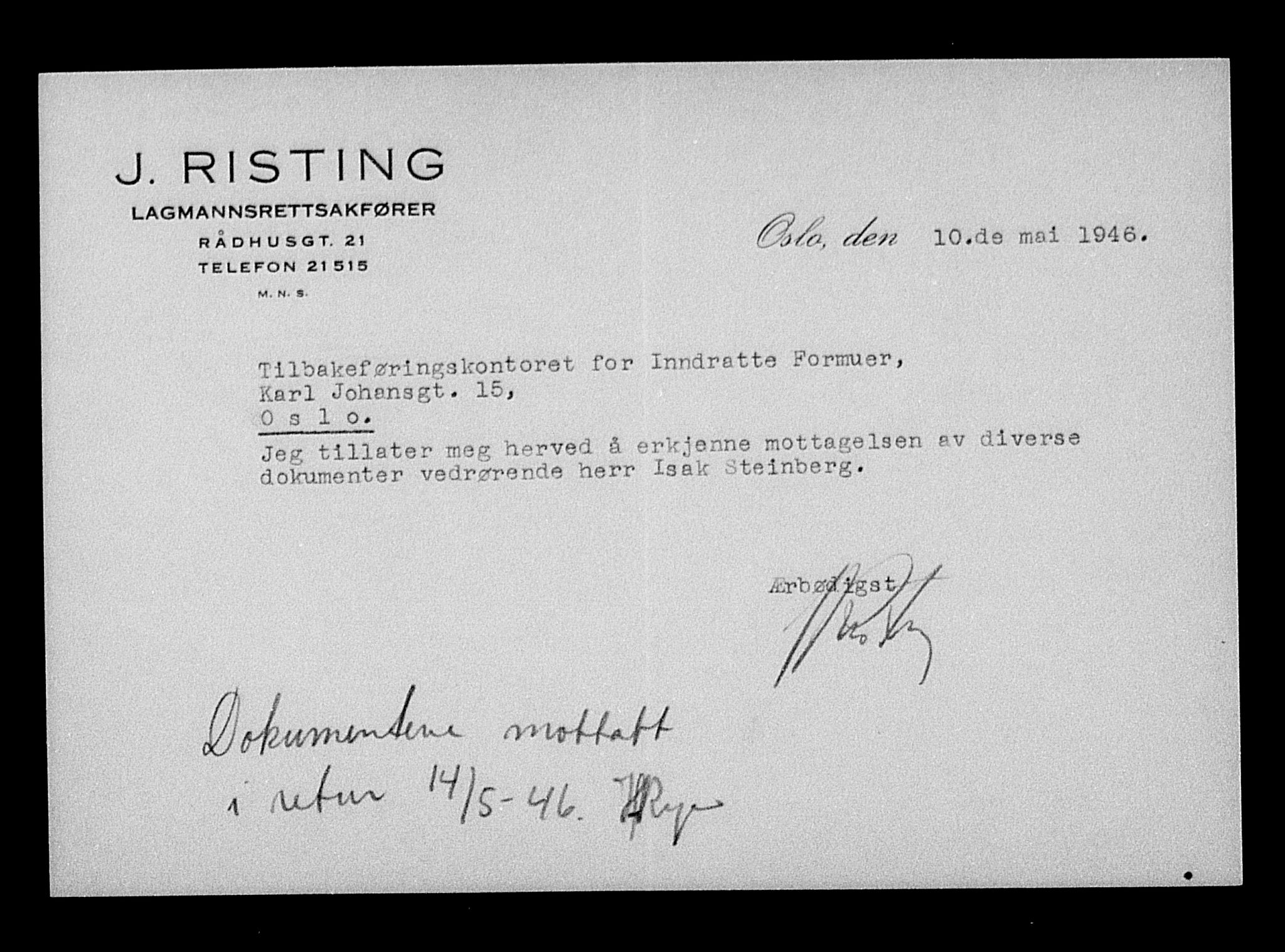 Justisdepartementet, Tilbakeføringskontoret for inndratte formuer, AV/RA-S-1564/H/Hc/Hcc/L0982: --, 1945-1947, p. 505