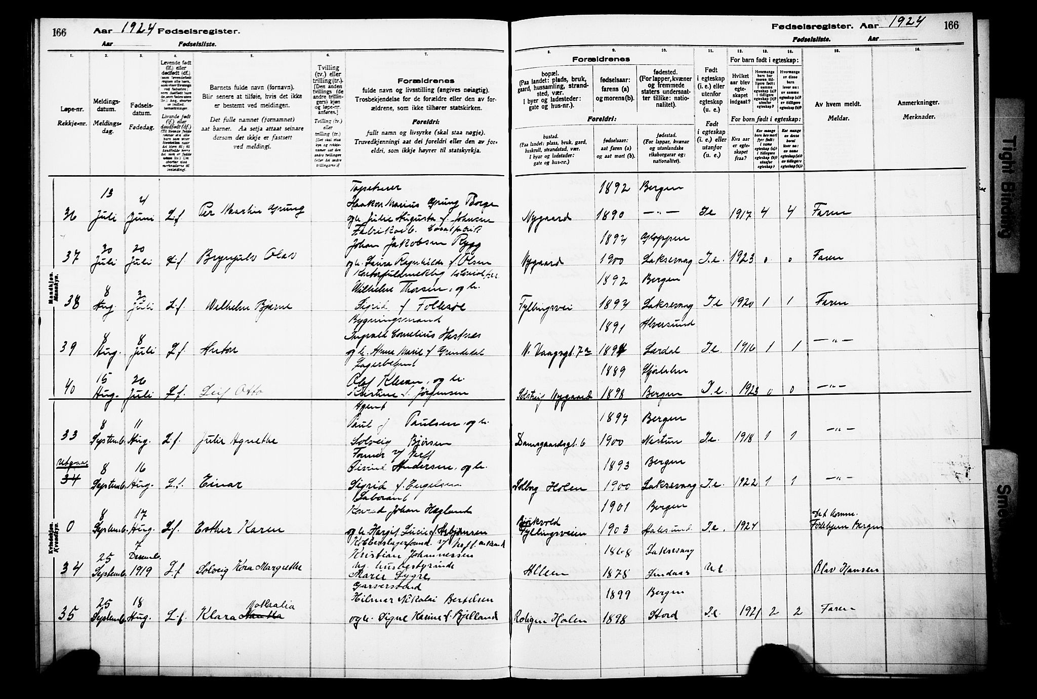 Laksevåg Sokneprestembete, AV/SAB-A-76501/I/Id/L00A1: Birth register no. A 1, 1916-1926, p. 166
