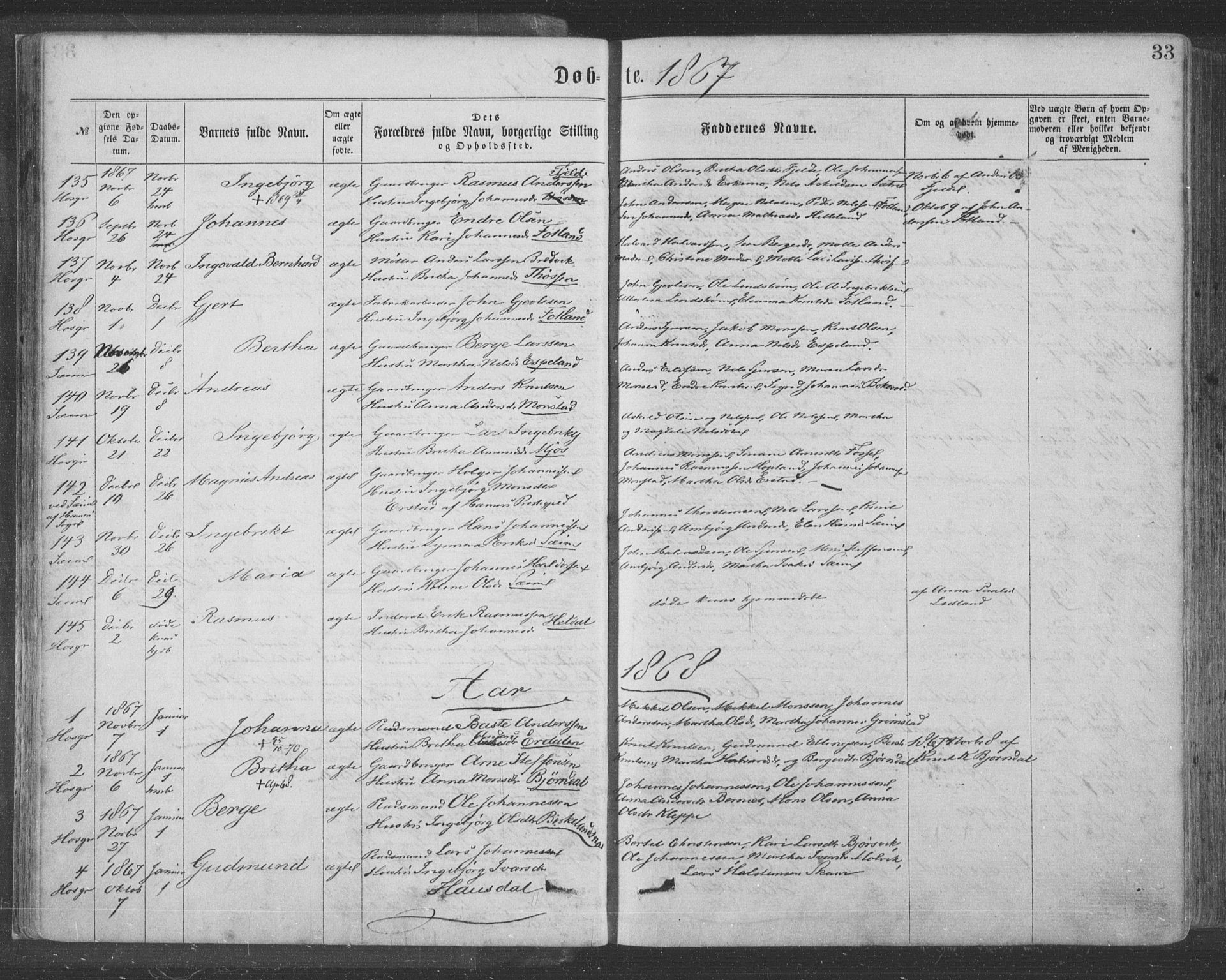 Hosanger sokneprestembete, AV/SAB-A-75801/H/Haa: Parish register (official) no. A 9, 1864-1876, p. 33