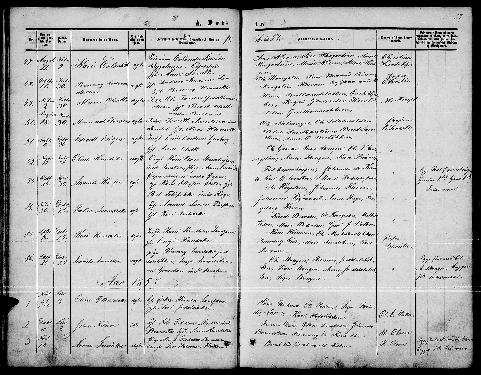 Nord-Fron prestekontor, SAH/PREST-080/H/Ha/Hab/L0001: Parish register (copy) no. 1, 1851-1883, p. 27