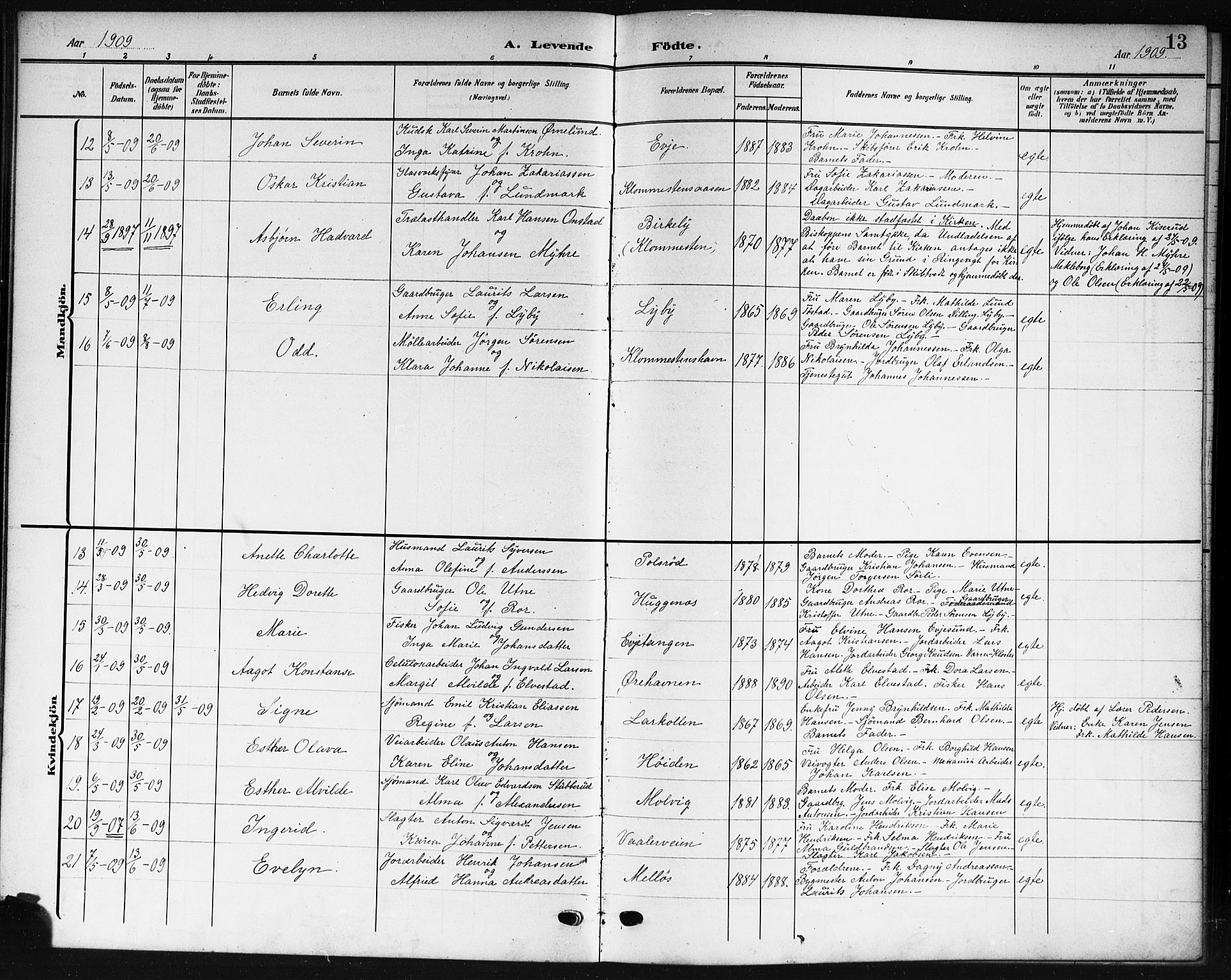 Rygge prestekontor Kirkebøker, AV/SAO-A-10084b/G/Ga/L0003: Parish register (copy) no. 3, 1906-1921, p. 13