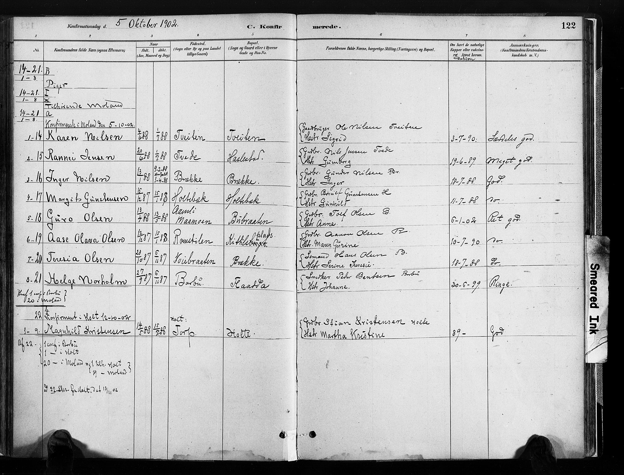Austre Moland sokneprestkontor, SAK/1111-0001/F/Fa/Faa/L0010: Parish register (official) no. A 10, 1880-1904, p. 122