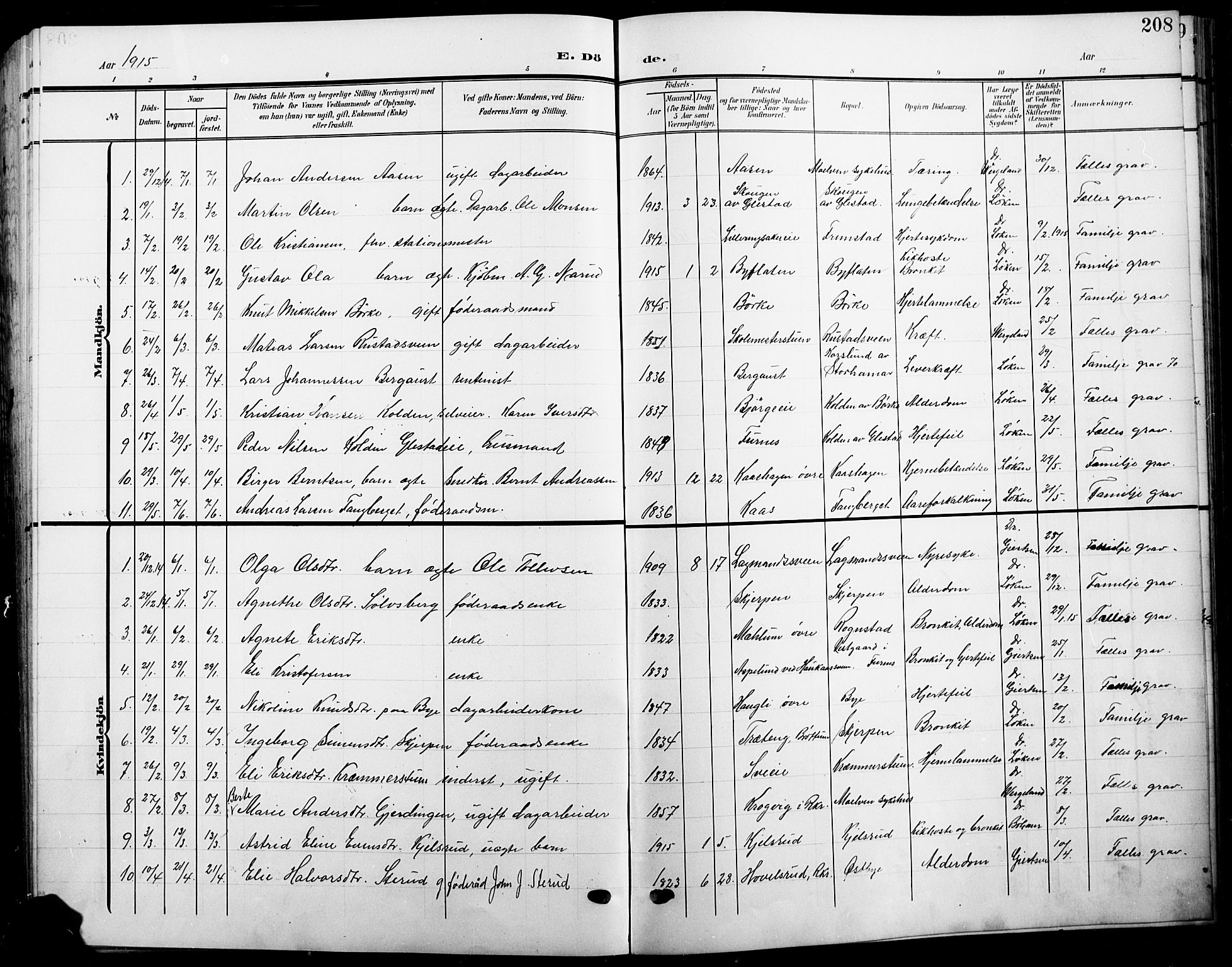 Ringsaker prestekontor, AV/SAH-PREST-014/L/La/L0017: Parish register (copy) no. 17, 1905-1920, p. 208
