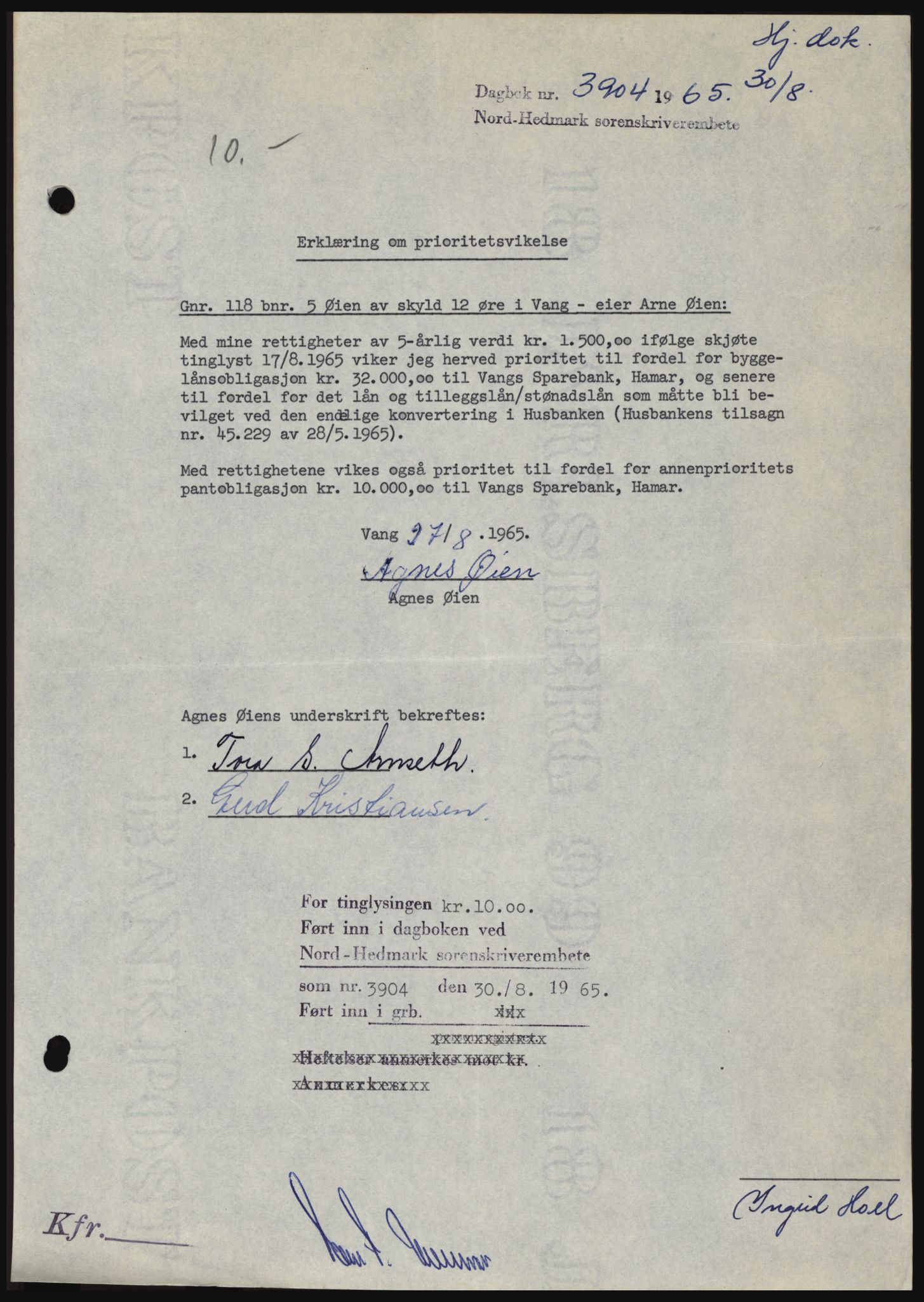 Nord-Hedmark sorenskriveri, AV/SAH-TING-012/H/Hc/L0022: Mortgage book no. 22, 1965-1965, Diary no: : 3904/1965