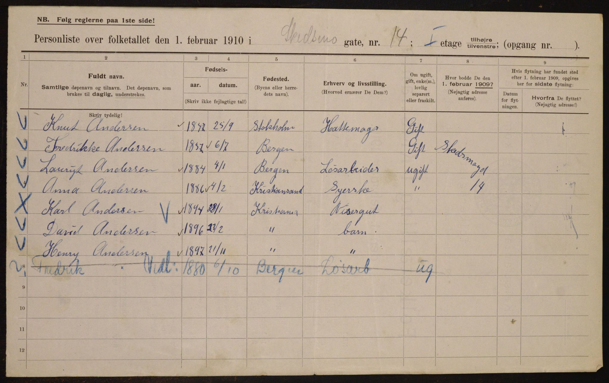 OBA, Municipal Census 1910 for Kristiania, 1910, p. 91014