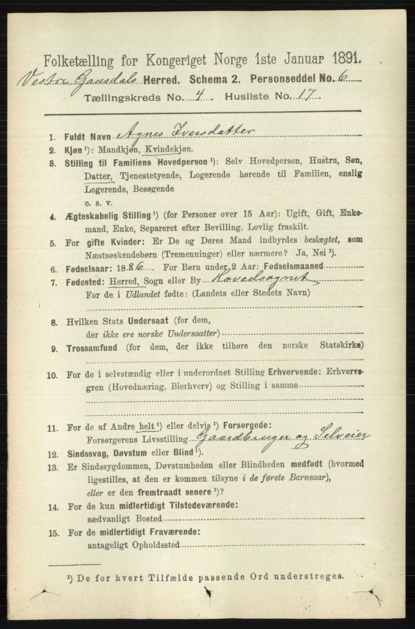 RA, 1891 census for 0523 Vestre Gausdal, 1891, p. 1802