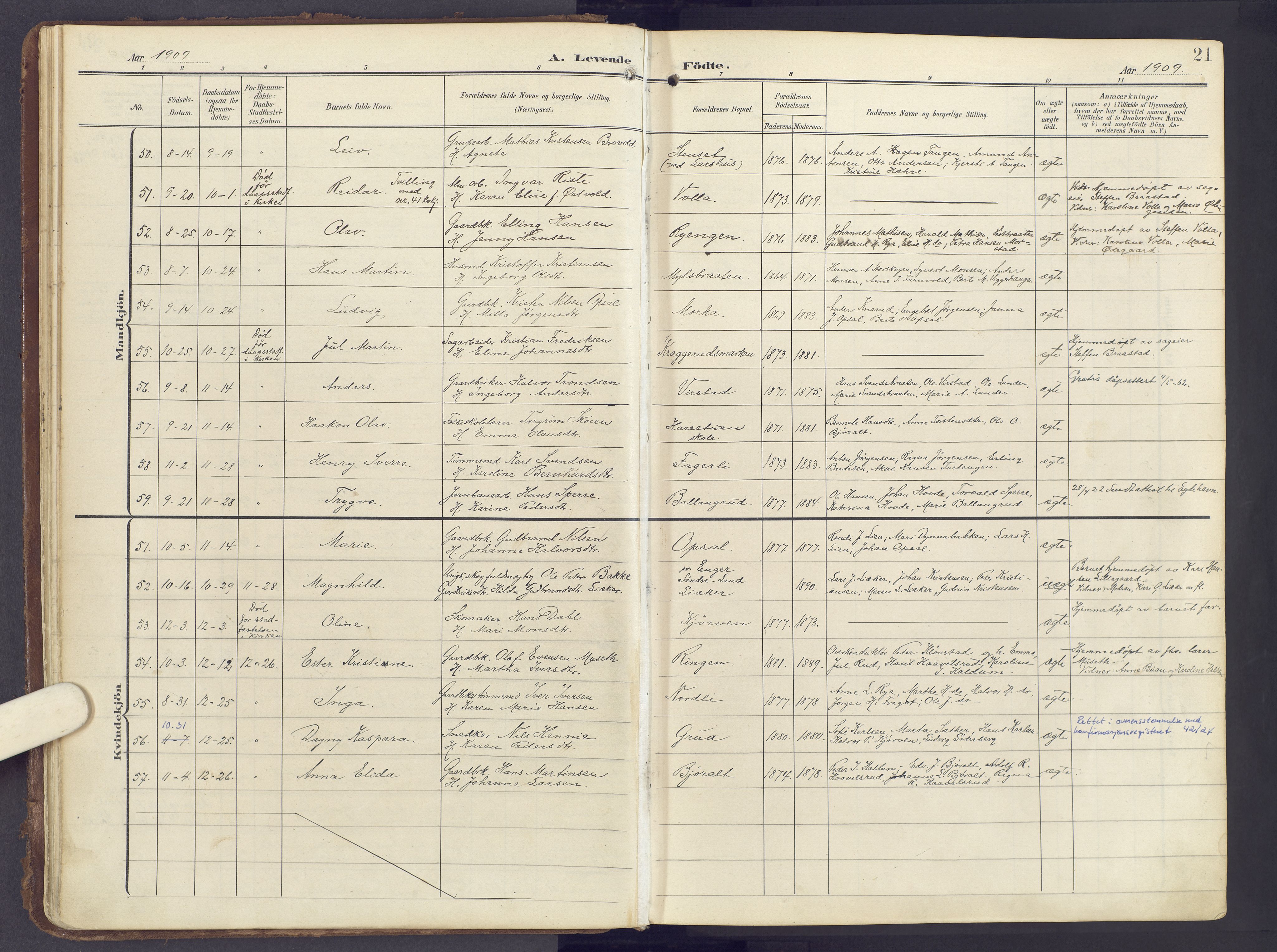 Lunner prestekontor, AV/SAH-PREST-118/H/Ha/Haa/L0001: Parish register (official) no. 1, 1907-1922, p. 21