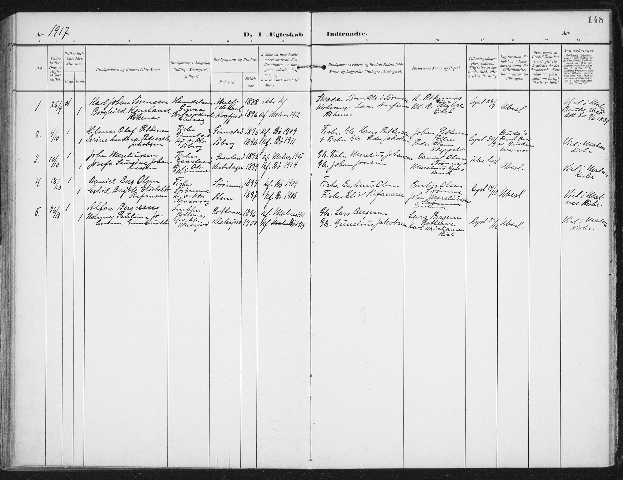 Ministerialprotokoller, klokkerbøker og fødselsregistre - Nordland, SAT/A-1459/892/L1321: Parish register (official) no. 892A02, 1902-1918, p. 148