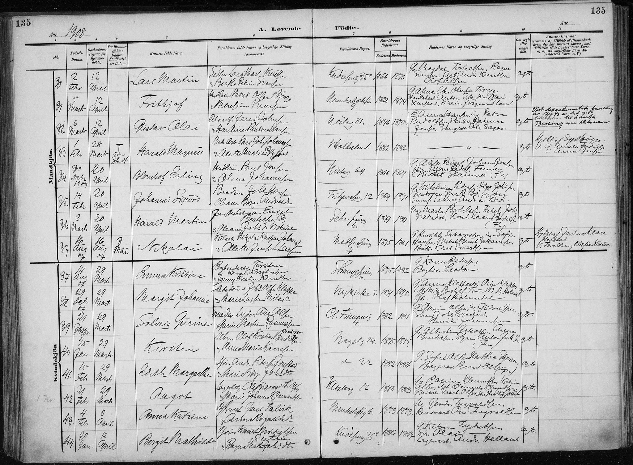 Nykirken Sokneprestembete, AV/SAB-A-77101/H/Haa/L0019: Parish register (official) no. B 7, 1904-1916, p. 135