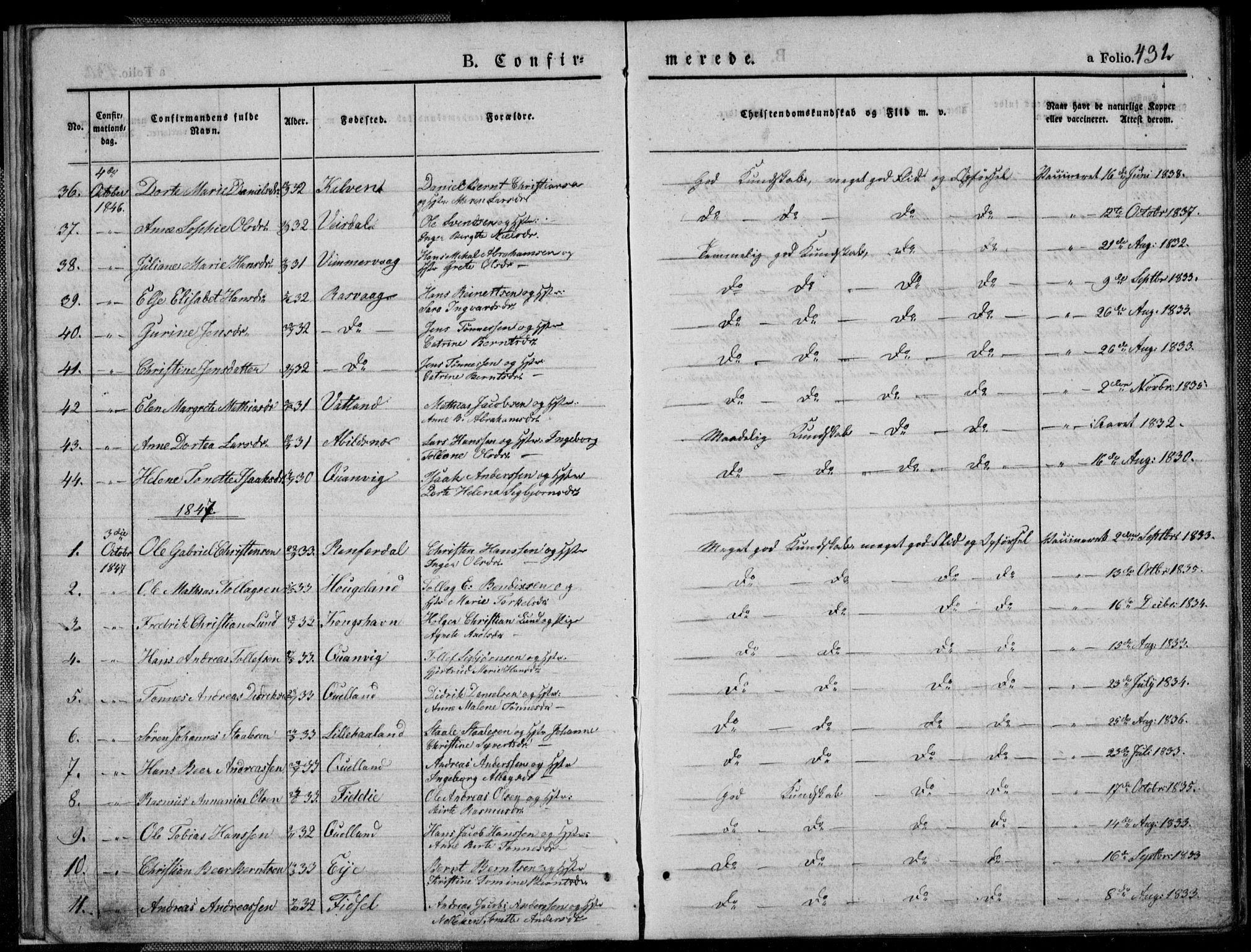 Flekkefjord sokneprestkontor, SAK/1111-0012/F/Fb/Fbb/L0002: Parish register (copy) no. B 2b, 1831-1866, p. 431