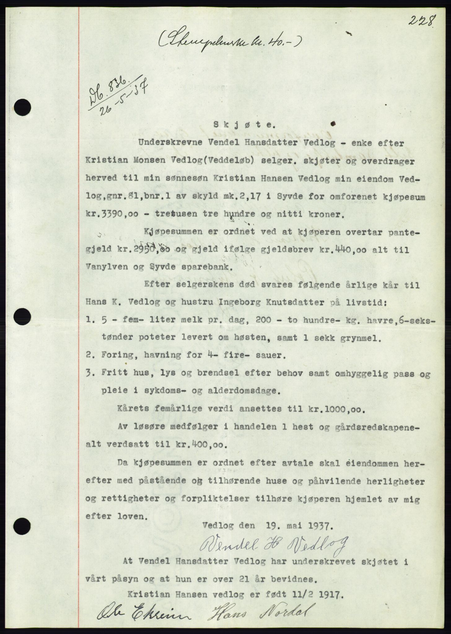 Søre Sunnmøre sorenskriveri, AV/SAT-A-4122/1/2/2C/L0063: Mortgage book no. 57, 1937-1937, Diary no: : 836/1937