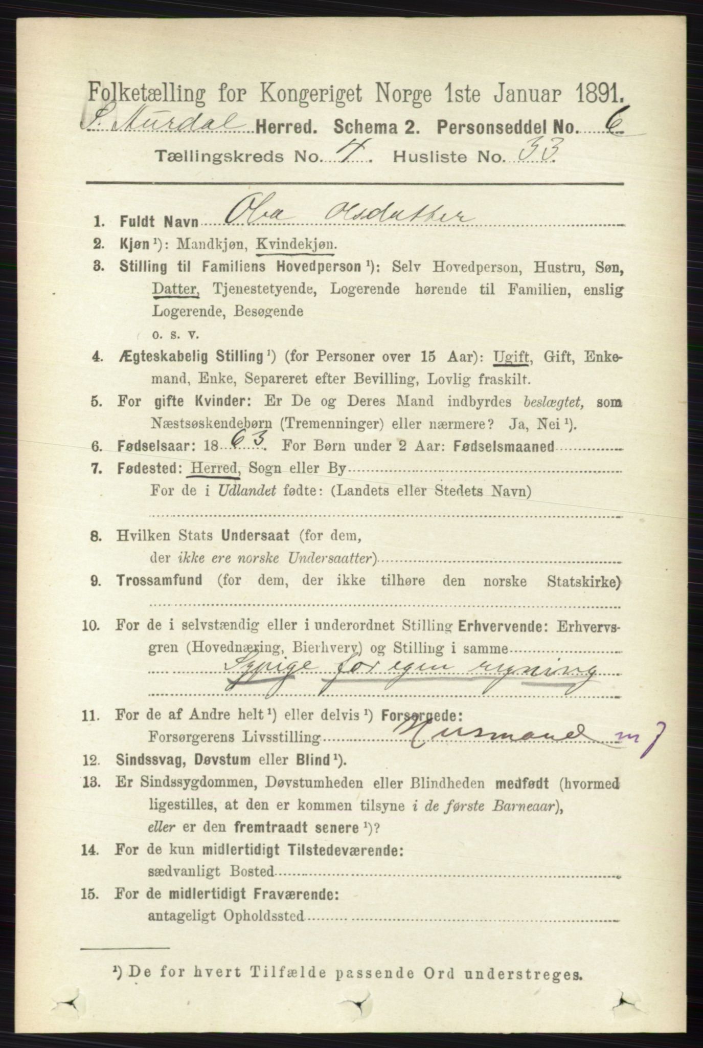 RA, 1891 census for 0540 Sør-Aurdal, 1891, p. 2925