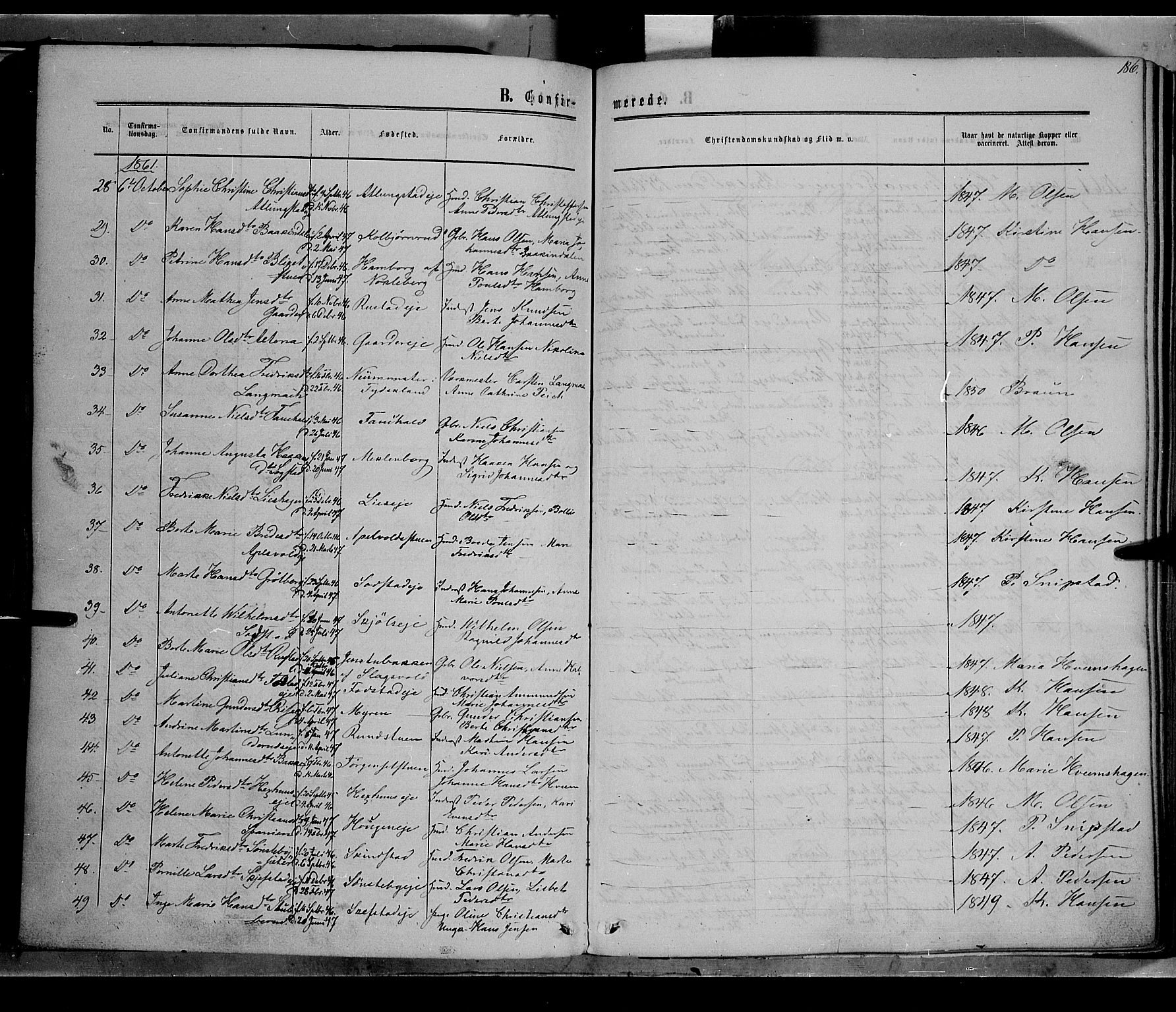 Østre Toten prestekontor, AV/SAH-PREST-104/H/Ha/Haa/L0004: Parish register (official) no. 4, 1857-1865, p. 186