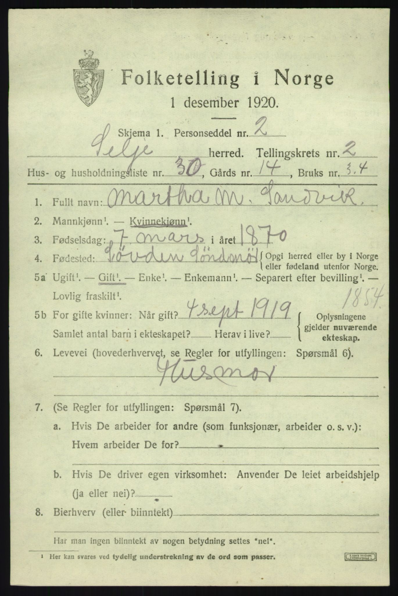 SAB, 1920 census for Selje, 1920, p. 1879