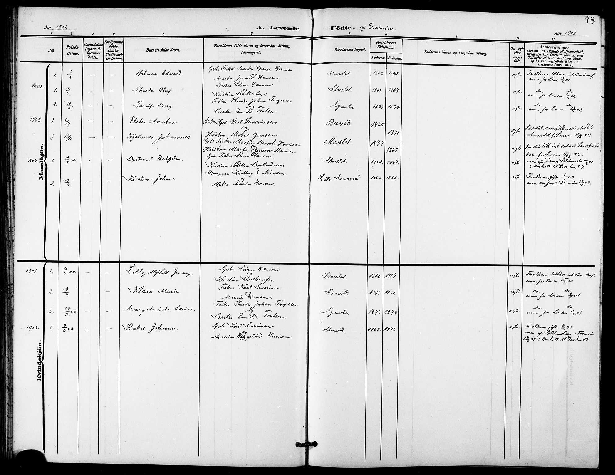 Lenvik sokneprestembete, SATØ/S-1310/H/Ha/Hab/L0022klokker: Parish register (copy) no. 22, 1901-1918, p. 78