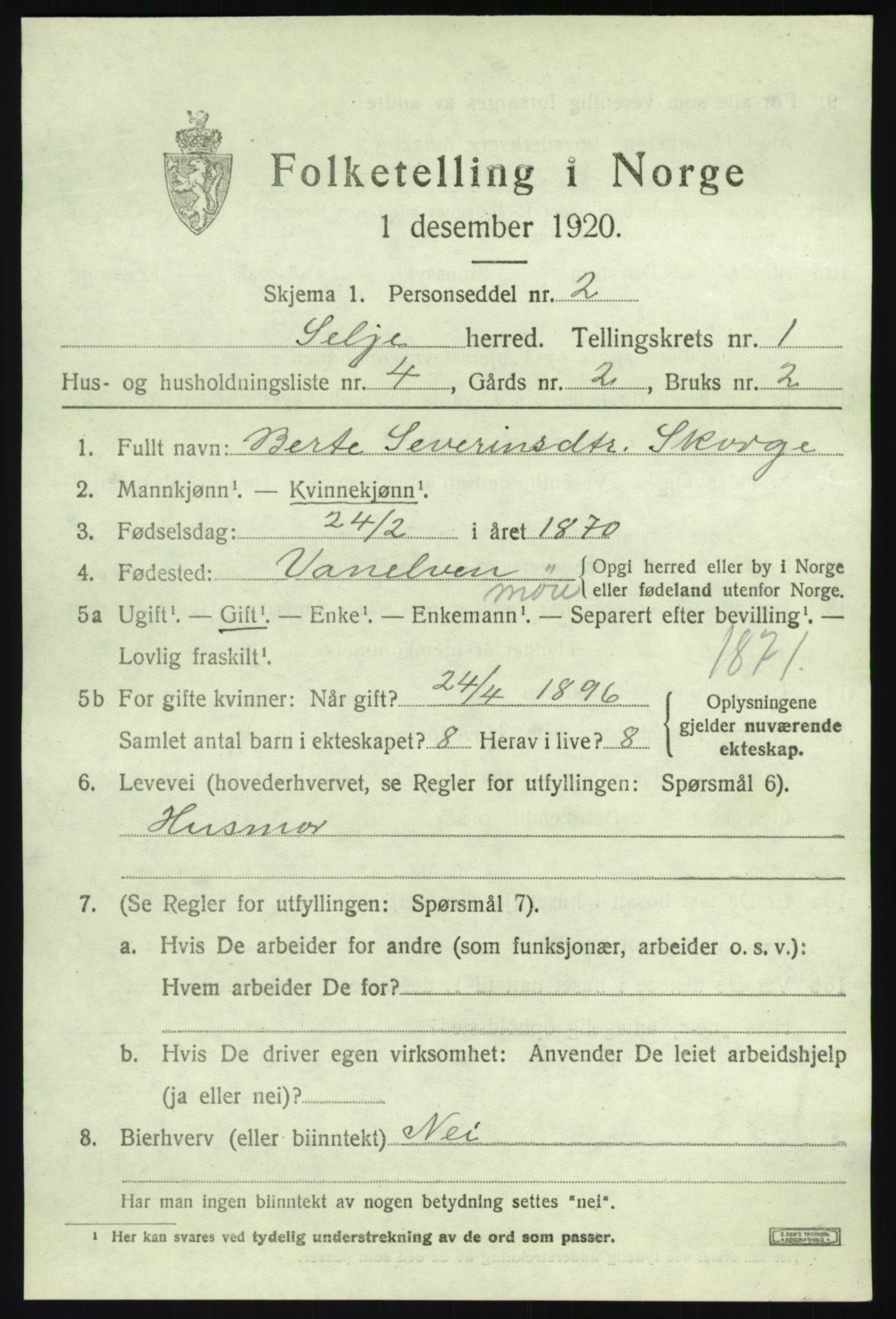 SAB, 1920 census for Selje, 1920, p. 1233