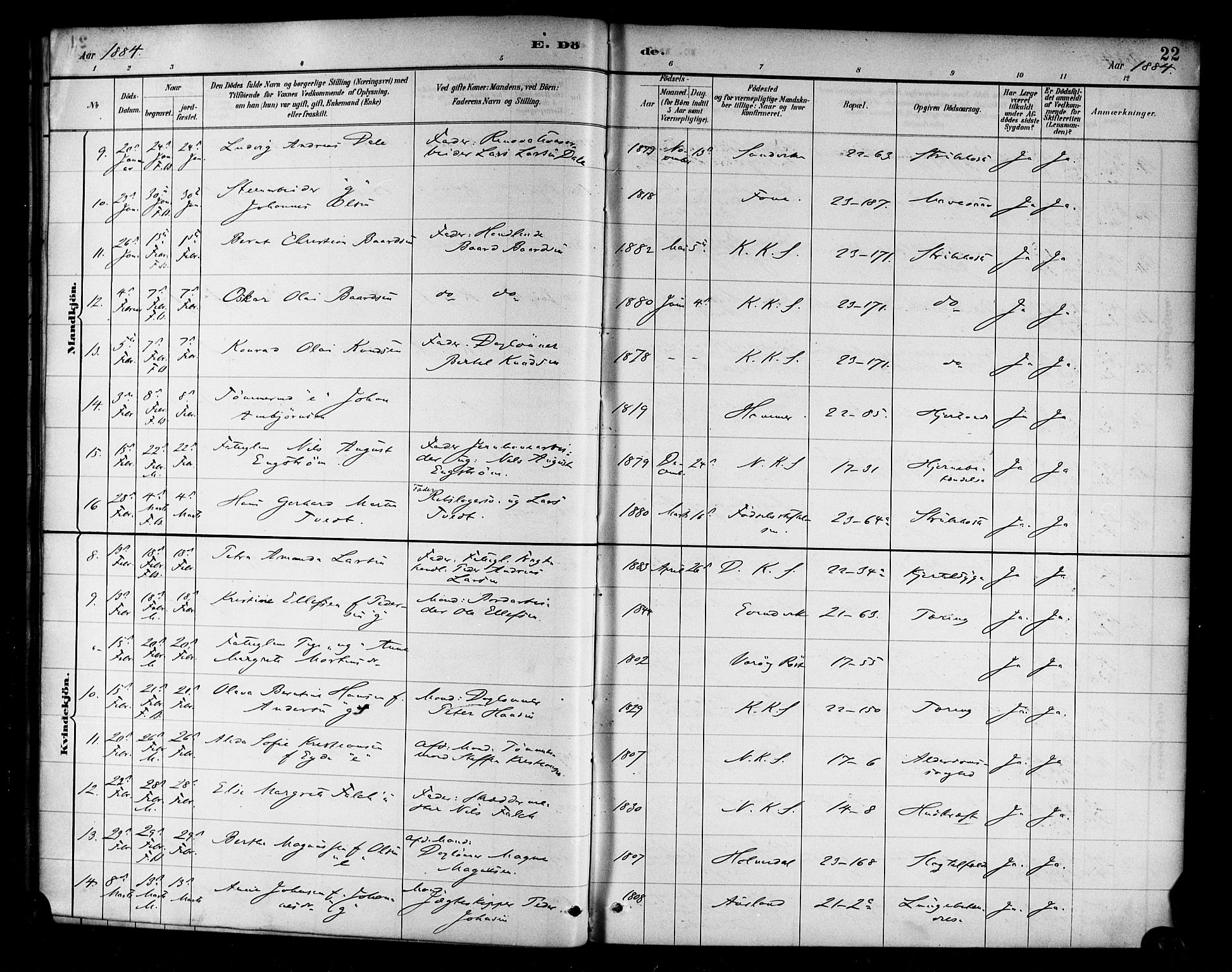 Korskirken sokneprestembete, AV/SAB-A-76101/H/Haa/L0047: Parish register (official) no. E 5, 1884-1910, p. 22