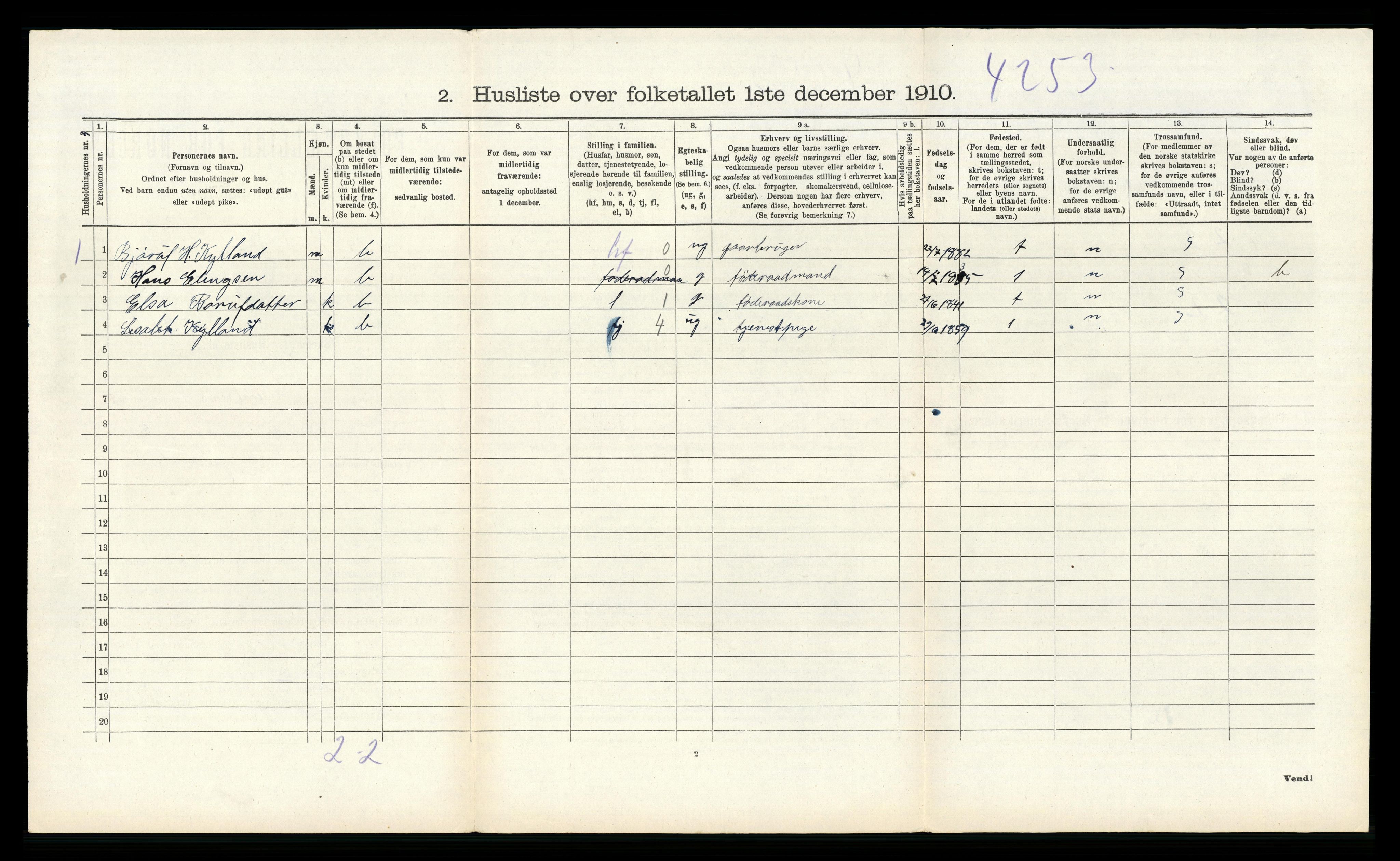 RA, 1910 census for Åseral, 1910, p. 390