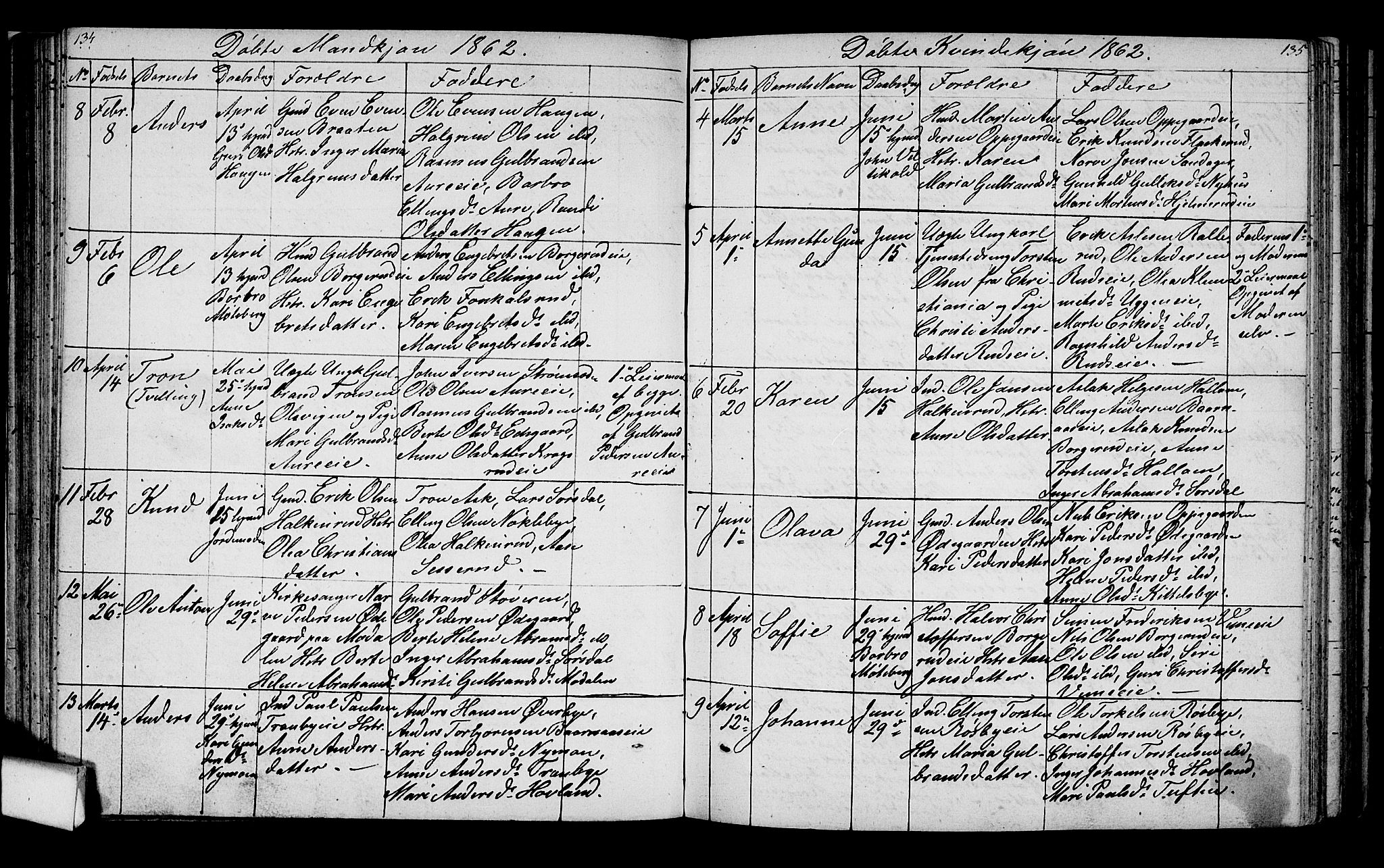 Lunder kirkebøker, AV/SAKO-A-629/G/Ga/L0002: Parish register (copy) no. I 2, 1849-1868, p. 134-135