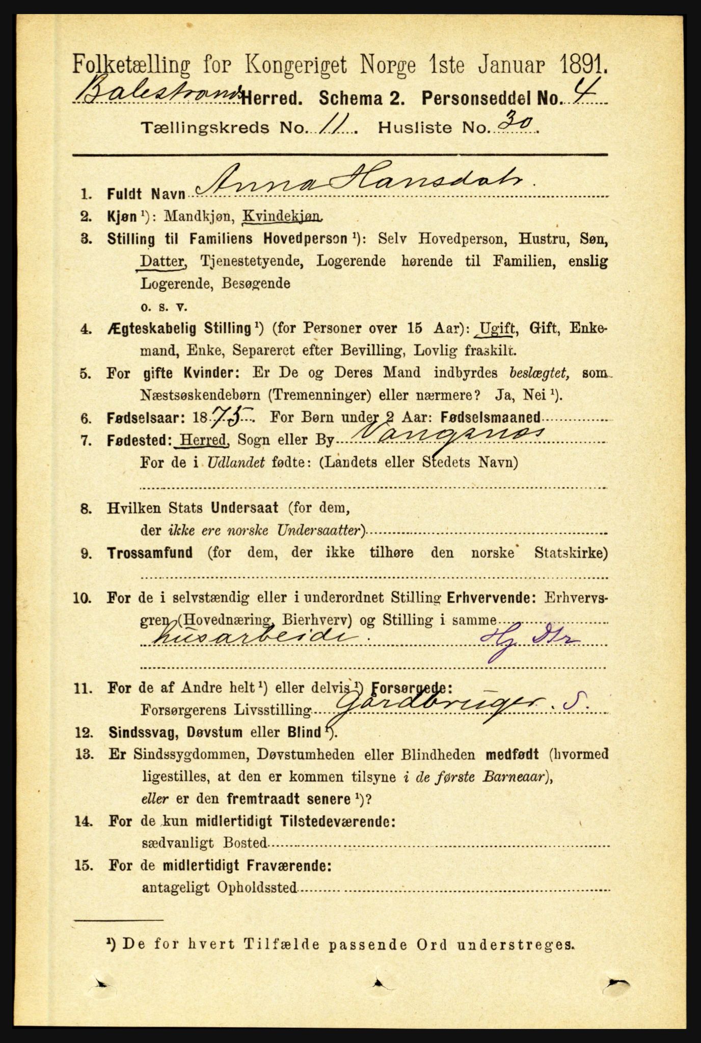 RA, 1891 census for 1418 Balestrand, 1891, p. 2644