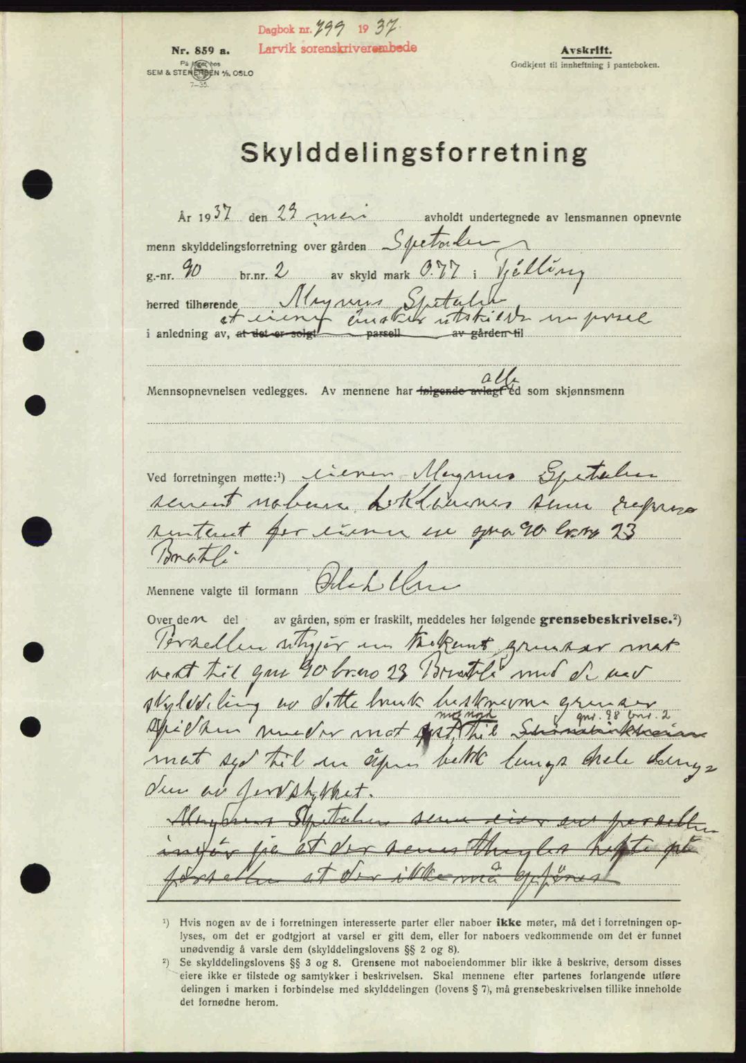 Larvik sorenskriveri, SAKO/A-83/G/Ga/Gab/L0067: Mortgage book no. A-1, 1936-1937, Diary no: : 799/1937