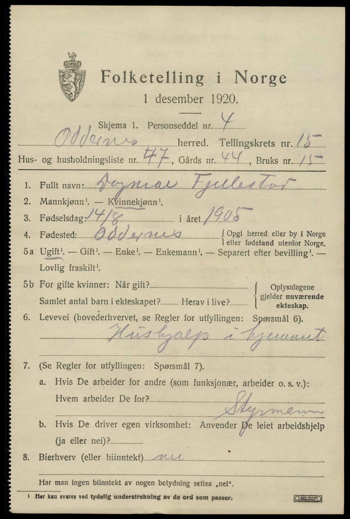 SAK, 1920 census for Oddernes, 1920, p. 10565