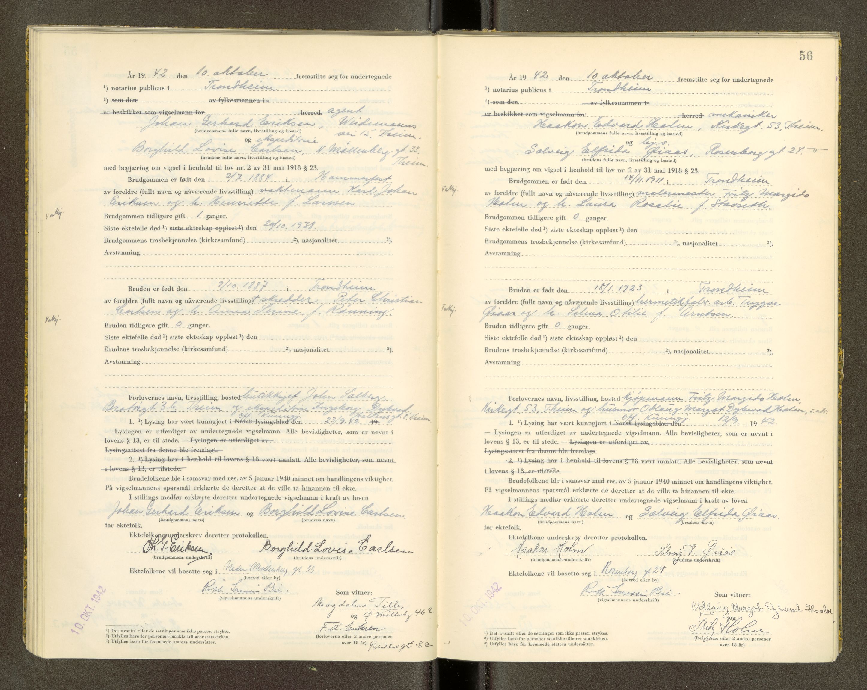 Trondheim byfogd, AV/SAT-A-0003/1/6/6D/L0003: Vigselbøker, 1942-1943, p. 56