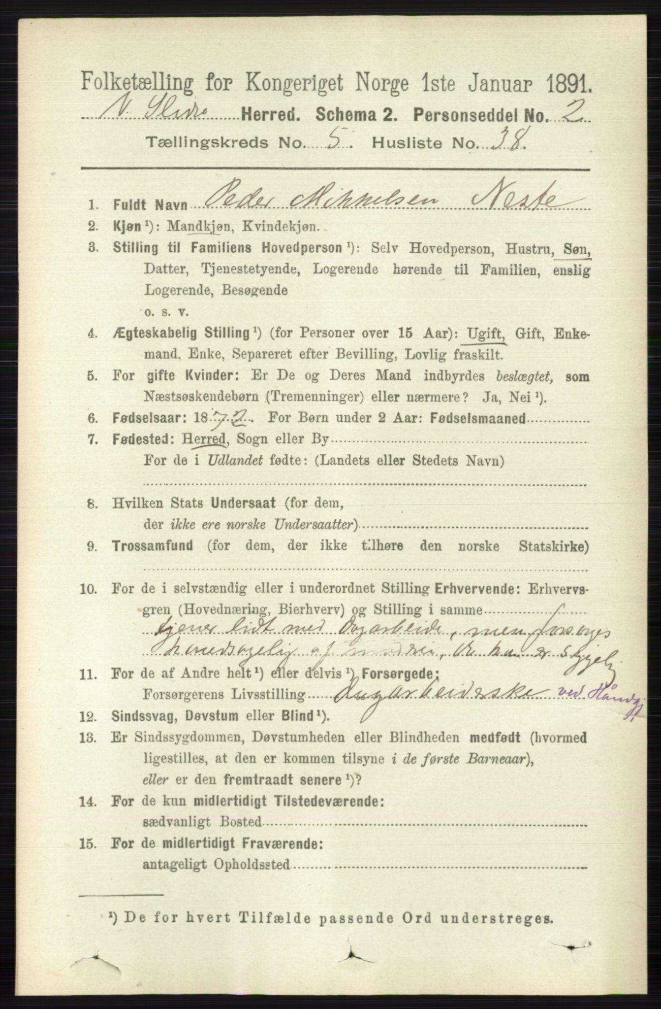 RA, 1891 census for 0543 Vestre Slidre, 1891, p. 1953