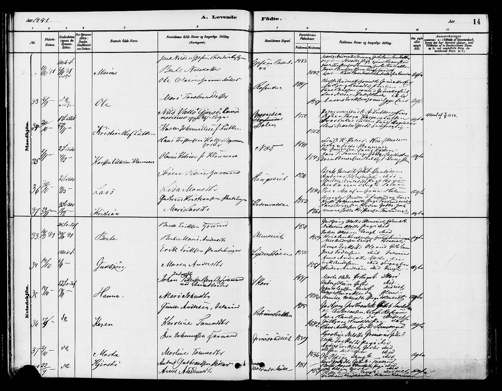 Gran prestekontor, SAH/PREST-112/H/Ha/Haa/L0015: Parish register (official) no. 15, 1880-1888, p. 14