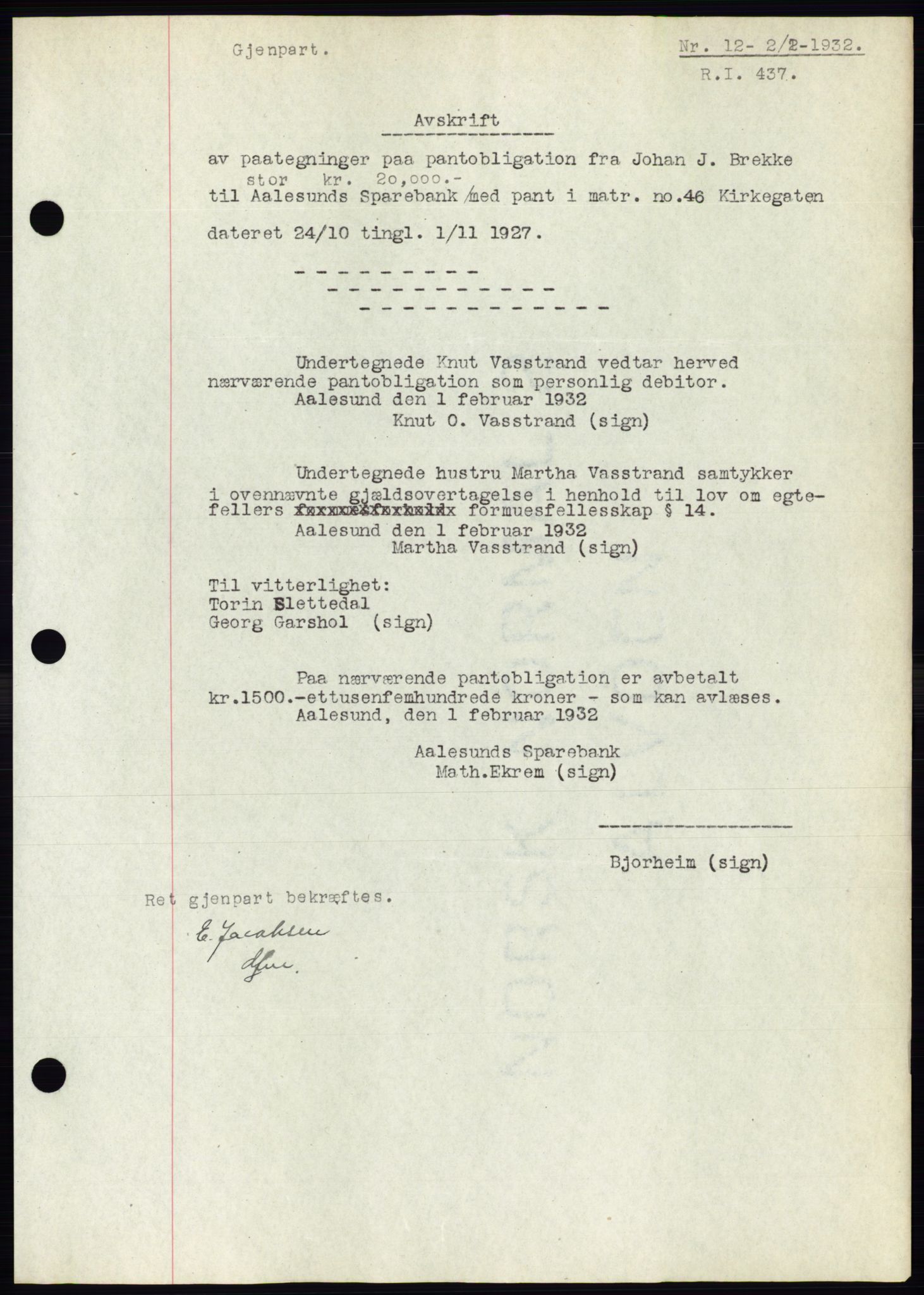 Ålesund byfogd, AV/SAT-A-4384: Mortgage book no. 29, 1931-1932, Deed date: 02.02.1932