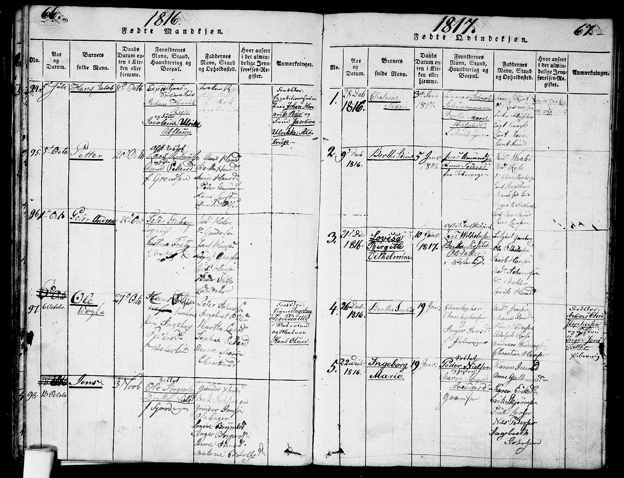 Garnisonsmenigheten Kirkebøker, SAO/A-10846/G/Ga/L0003: Parish register (copy) no. 3, 1815-1819, p. 66-67