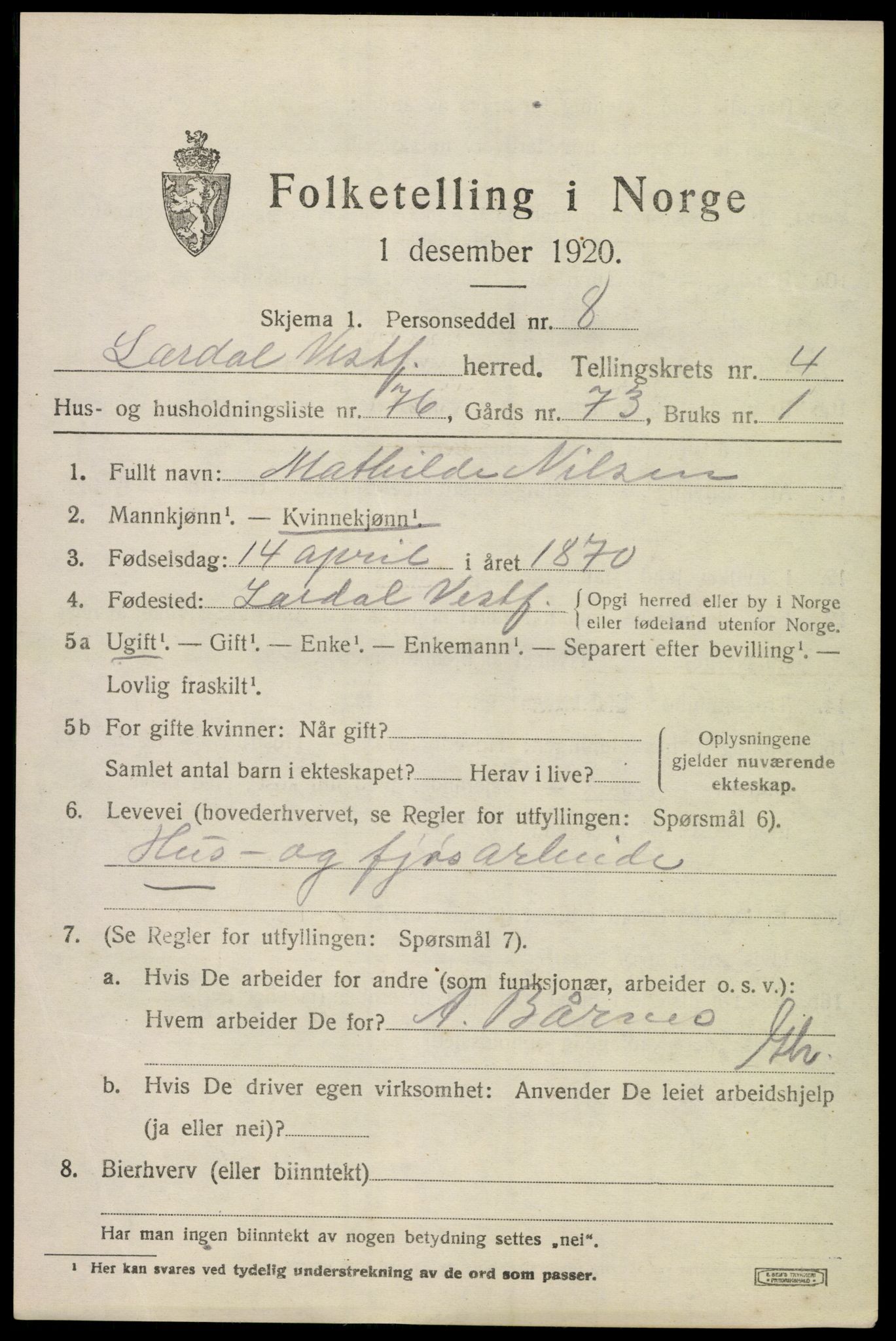 SAKO, 1920 census for Lardal, 1920, p. 4401