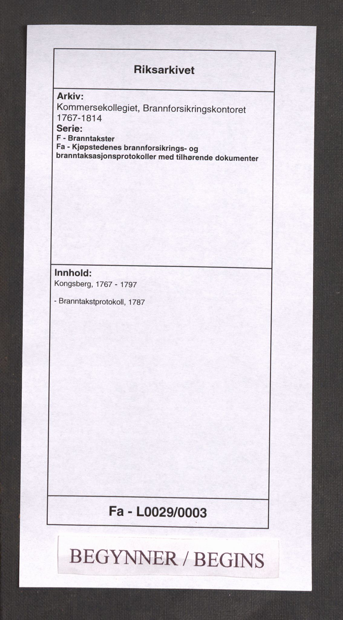 Kommersekollegiet, Brannforsikringskontoret 1767-1814, RA/EA-5458/F/Fa/L0029/0003: Kongsberg / Branntakstprotokoll, 1787