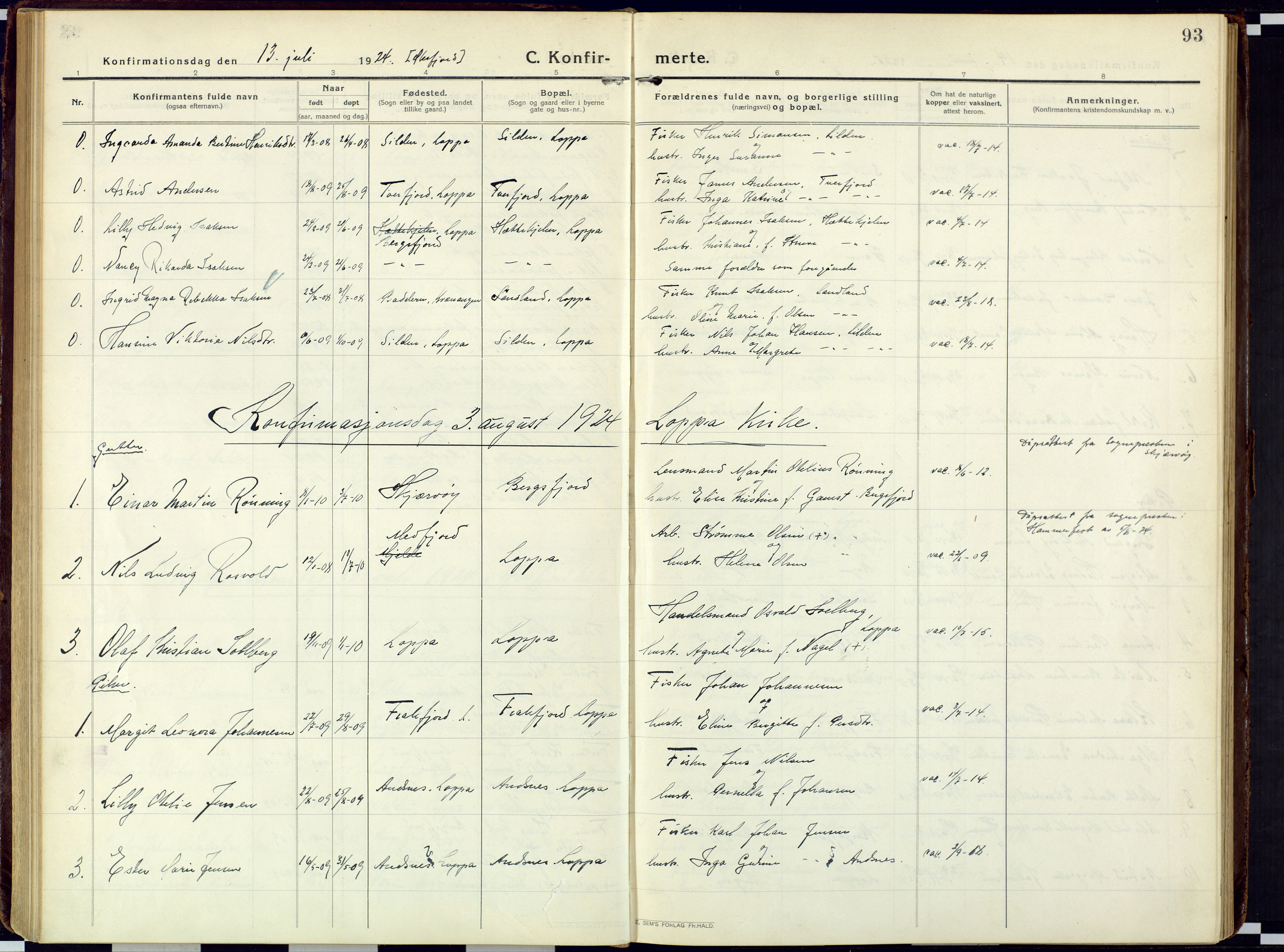 Loppa sokneprestkontor, SATØ/S-1339/H/Ha/L0013kirke: Parish register (official) no. 13, 1920-1932, p. 93