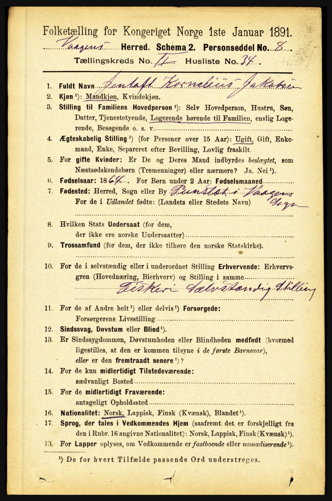 RA, 1891 census for 1865 Vågan, 1891, p. 652