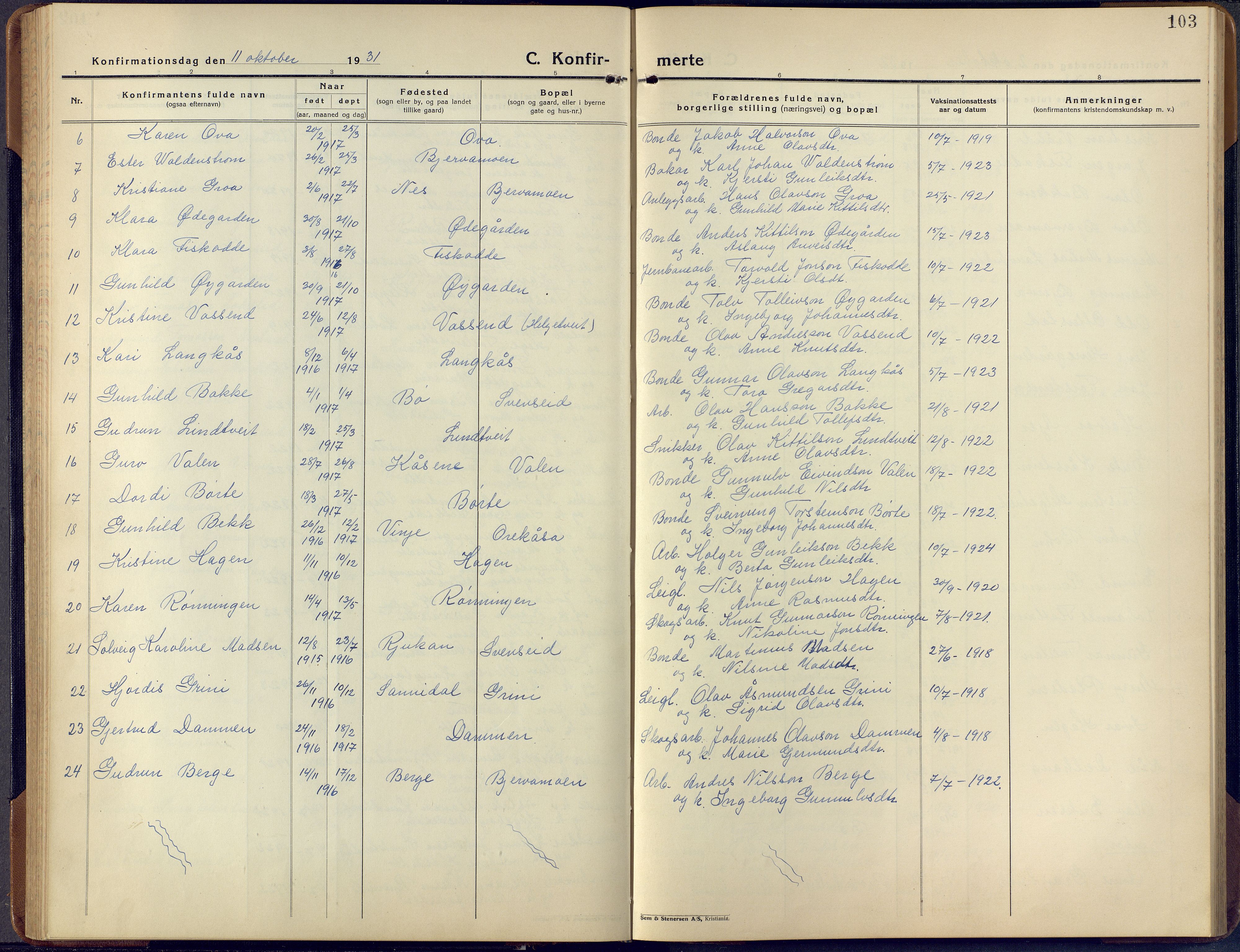 Lunde kirkebøker, AV/SAKO-A-282/F/Fa/L0006: Parish register (official) no. I 6, 1922-1940, p. 103